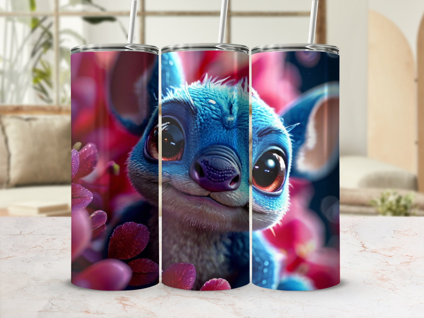 Three tumblers featuring Stitch surrounded by pink flowers.