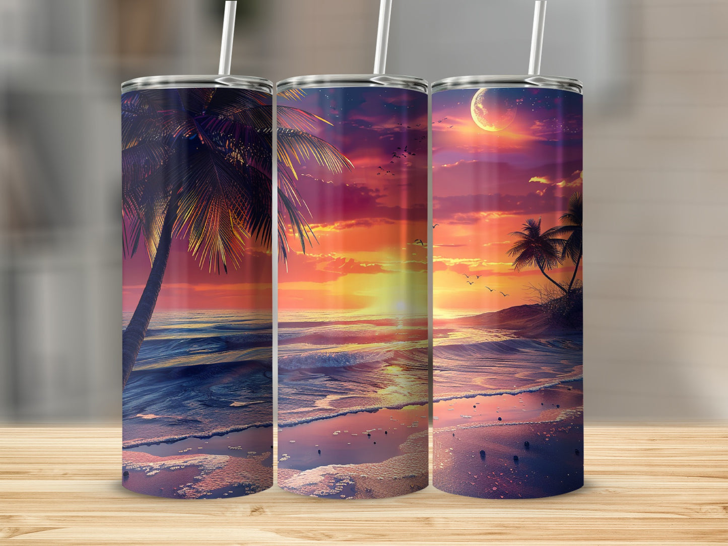 Three tumblers showcasing a vibrant sunset beach scene with palm trees and ocean waves.