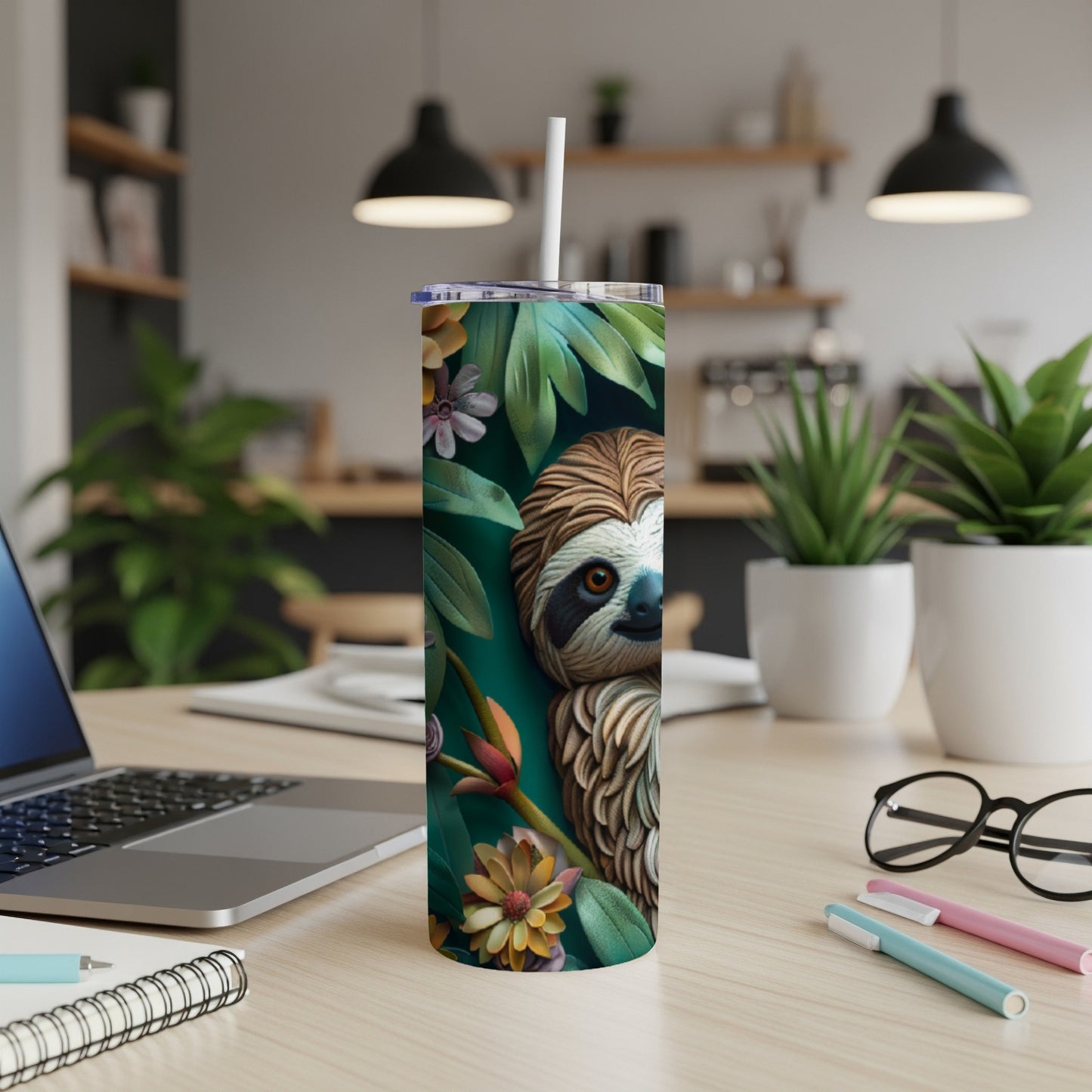 Sloth tumbler with floral accents and a white straw.
