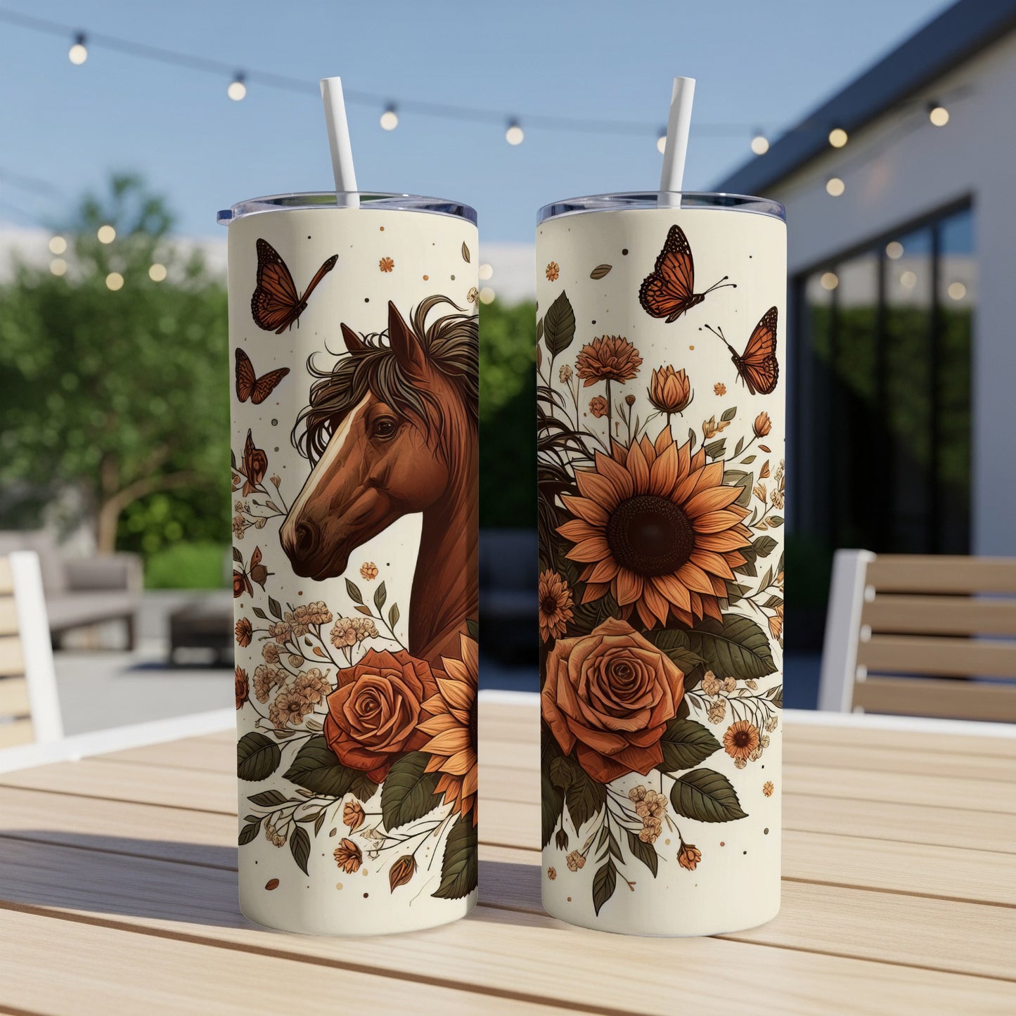 Horse and floral design on two insulated tumblers with straws.
