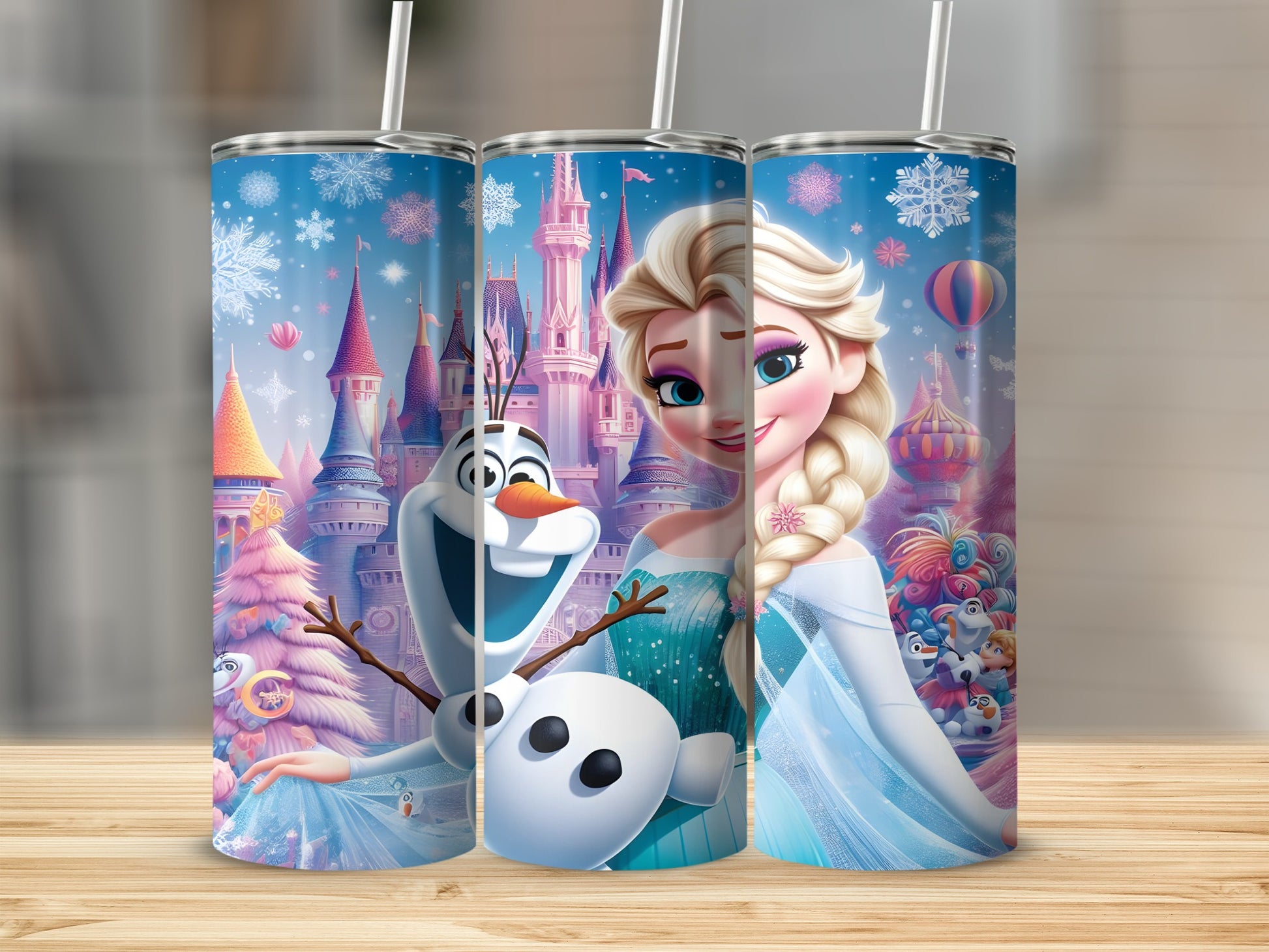 Elsa and Olaf from Frozen in front of Arendelle castle with festive decorations.