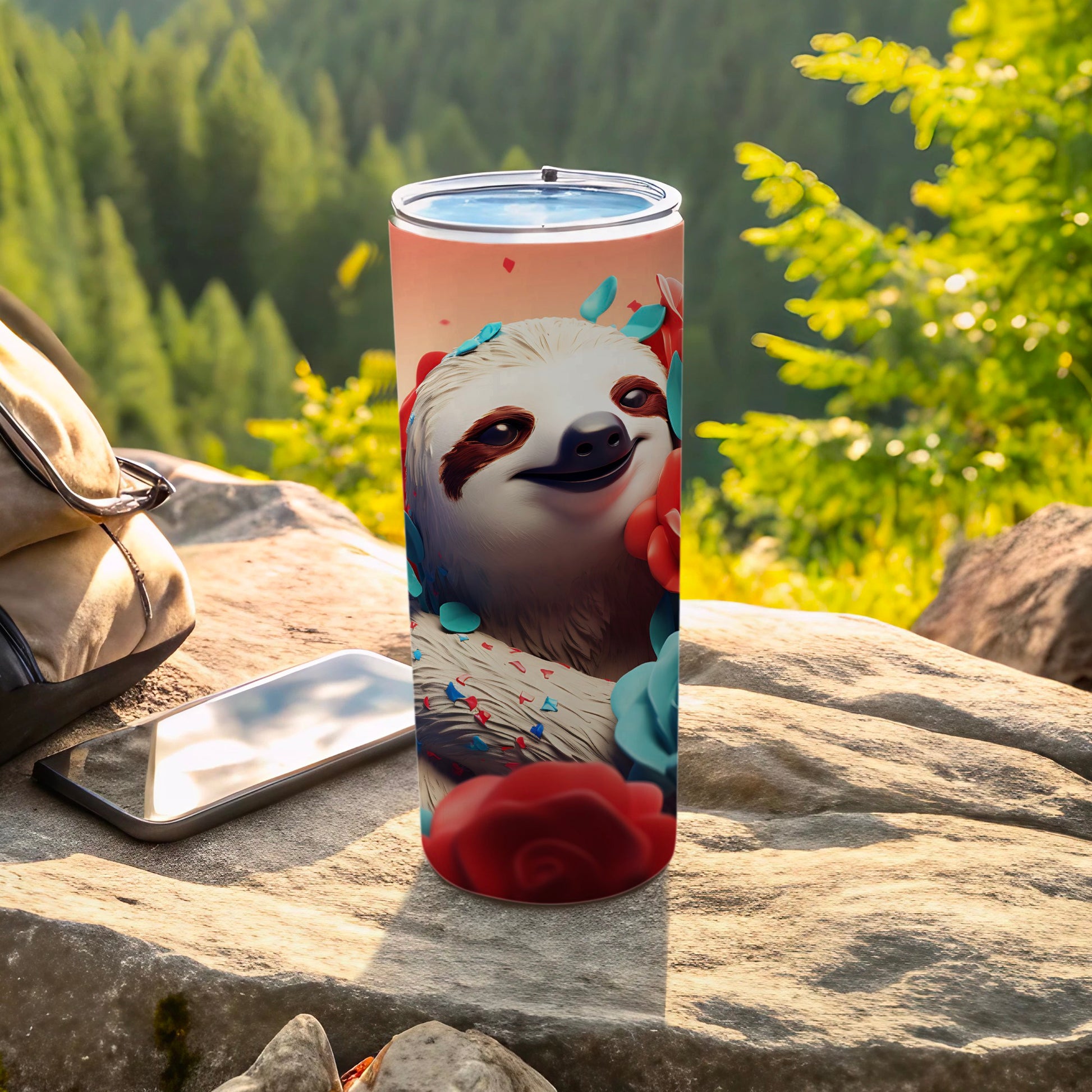 Tumbler with smiling sloth surrounded by red and blue flowers and confetti.