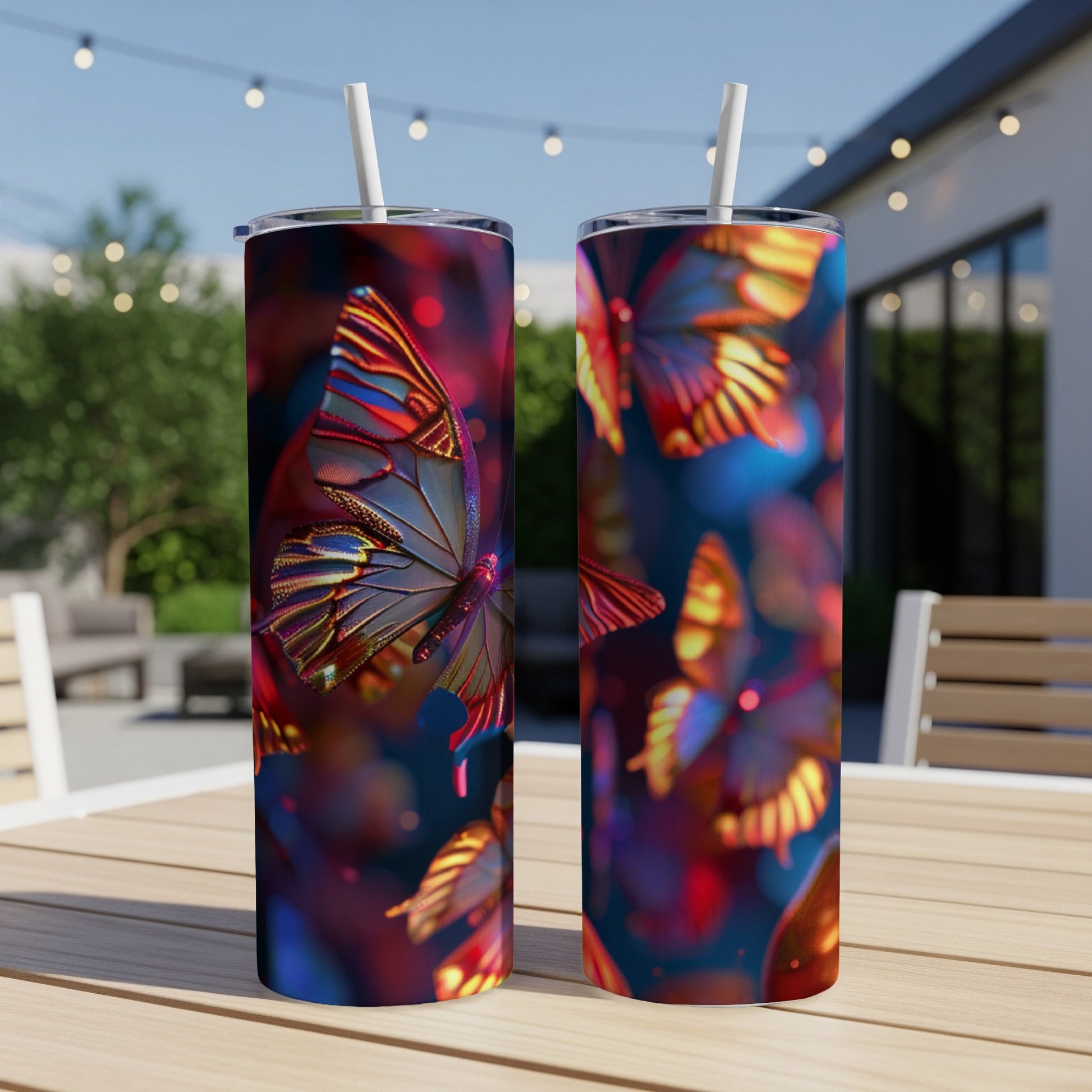 Two tumblers with iridescent butterfly designs displayed outdoors on a wooden table.