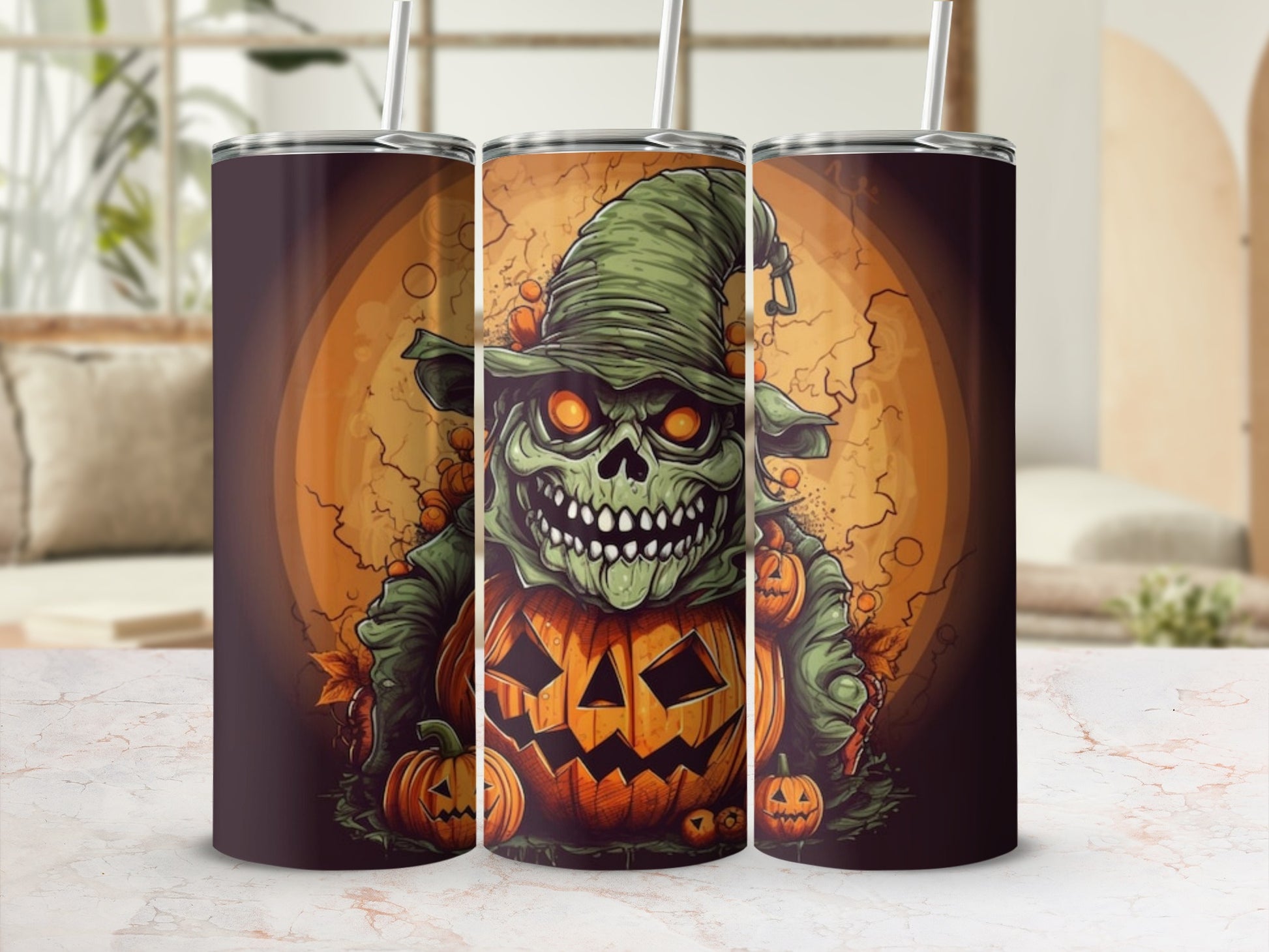 Spooky Halloween Pumpkin Skeleton Themed Tumbler