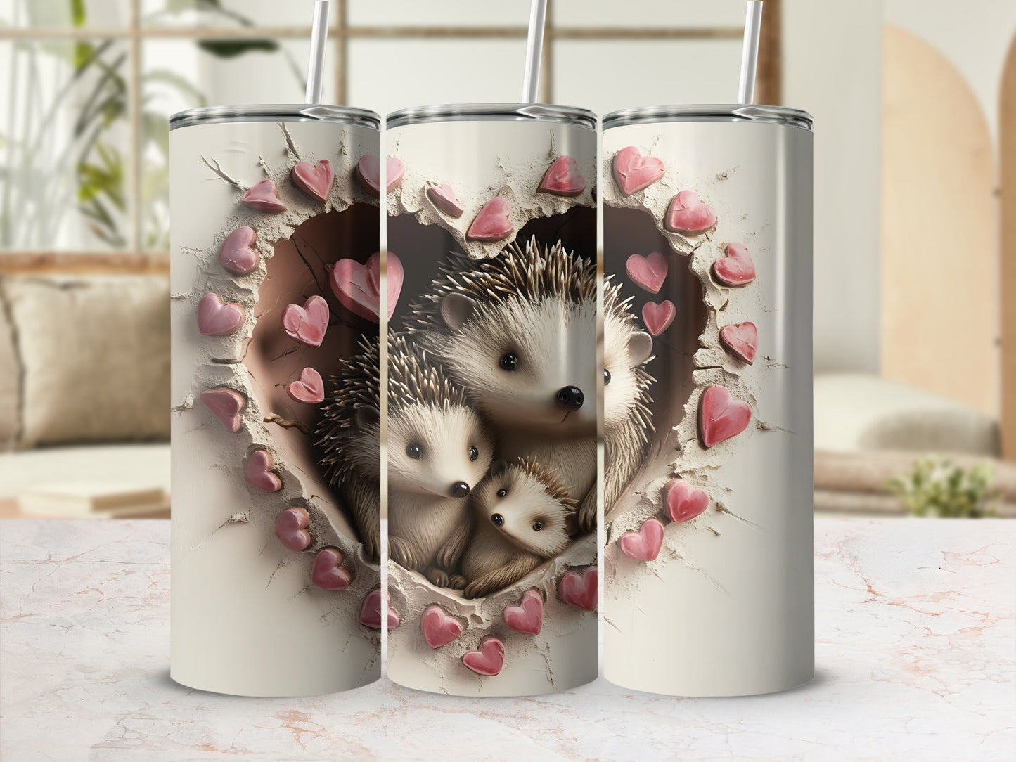 Three tumblers with a heart-shaped cutout showing hedgehogs and pink hearts.