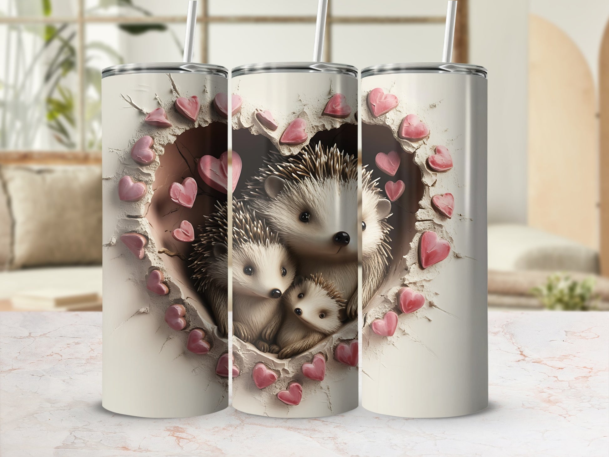 Three tumblers with a heart-shaped cutout showing hedgehogs and pink hearts.