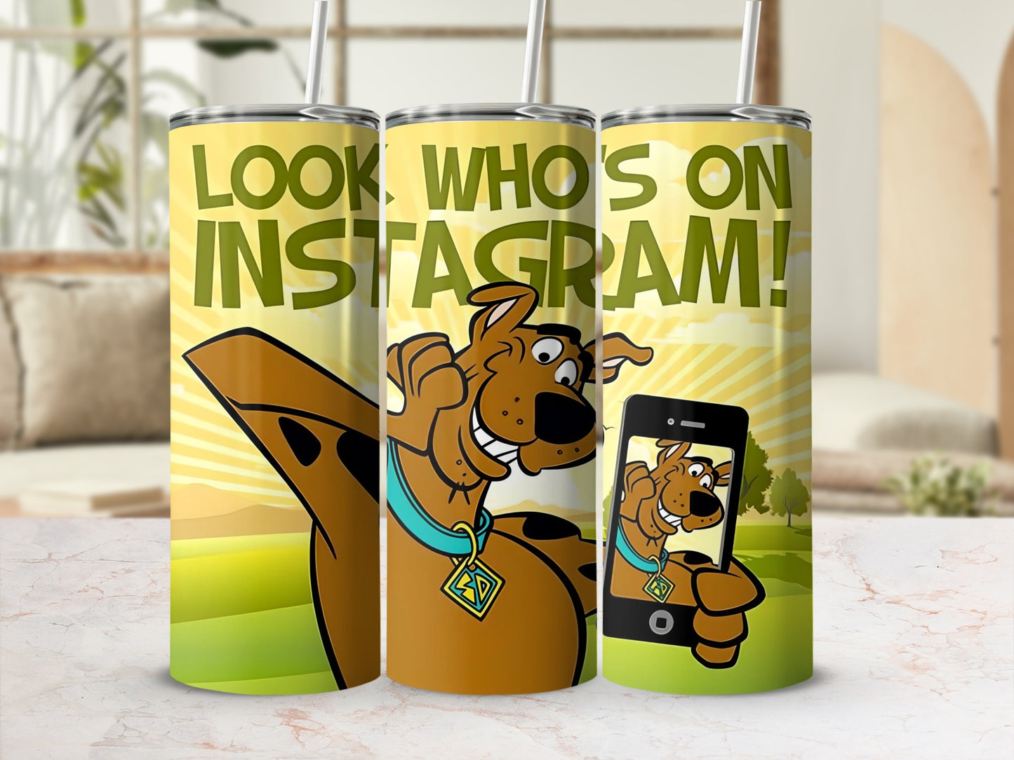 Scooby-Doo on a tumbler holding a smartphone with "Look, Who's on Instagram!" text.