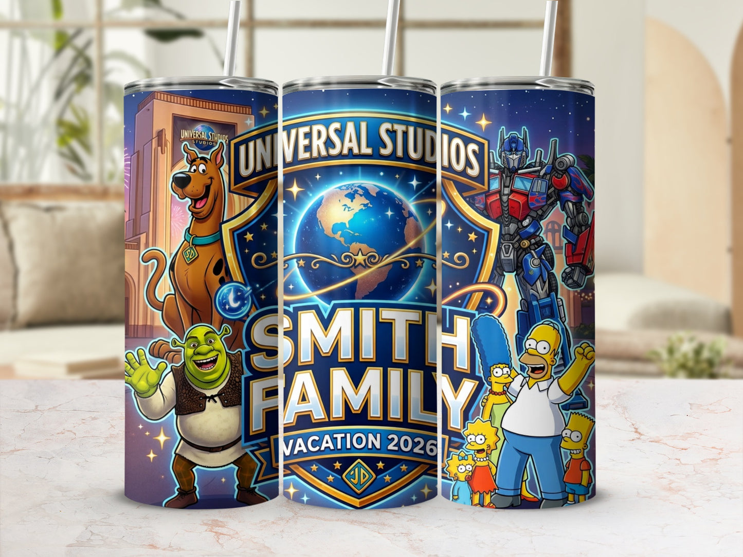 Universal Studios theme with Shrek, Scooby-Doo, Transformers, and Simpsons characters.