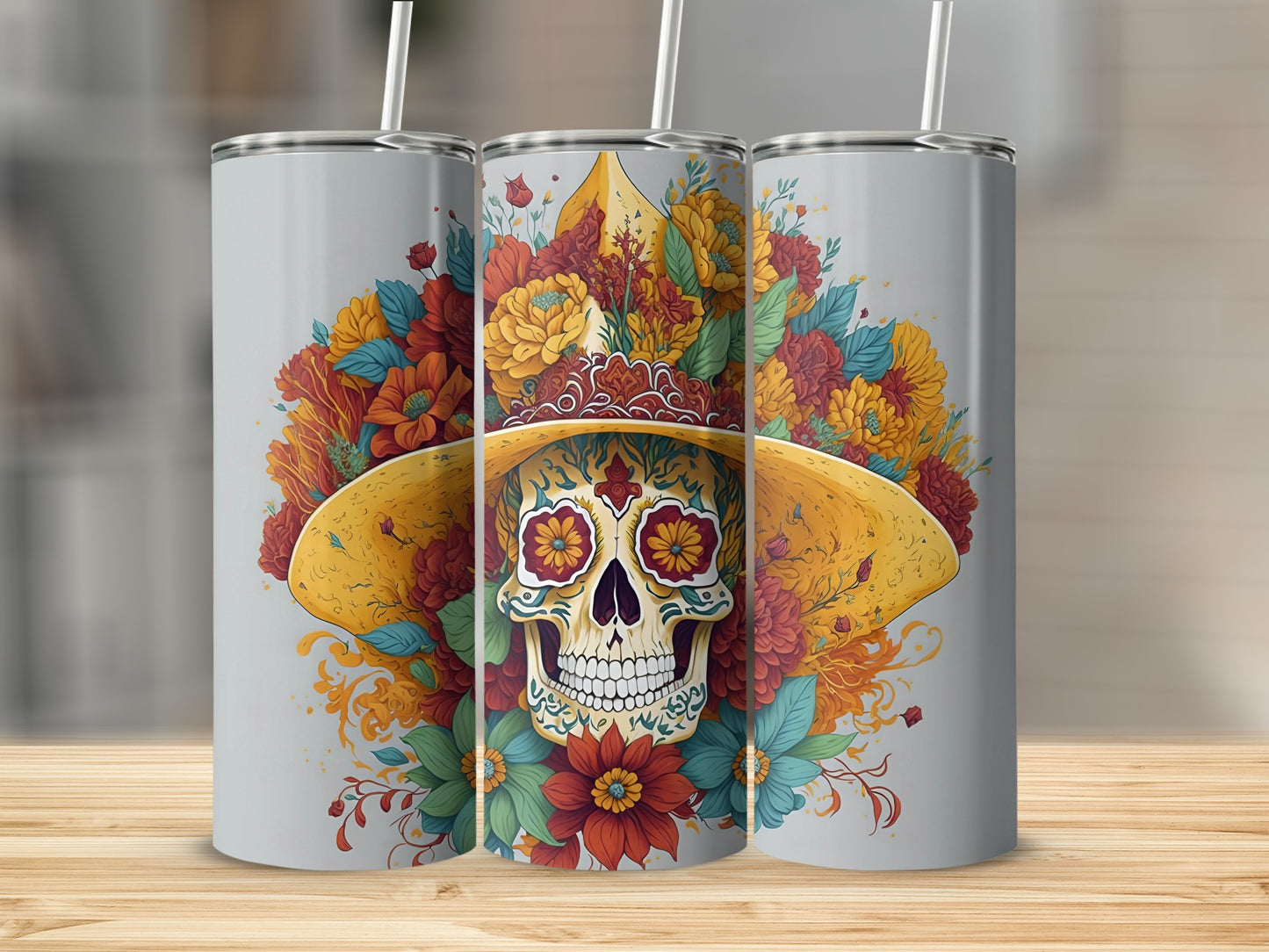 Colorful Floral Skull Design on Tall Skinny Tumbler