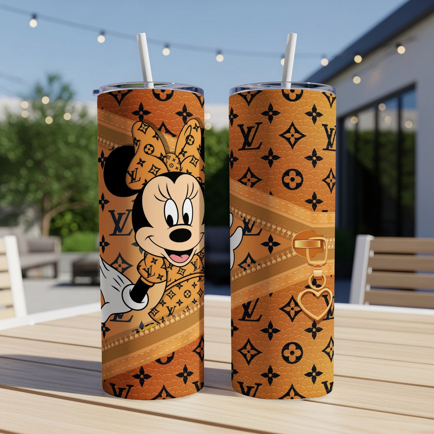 Minnie Mouse and LV monogram pattern on a tumbler with a zipper detail.
