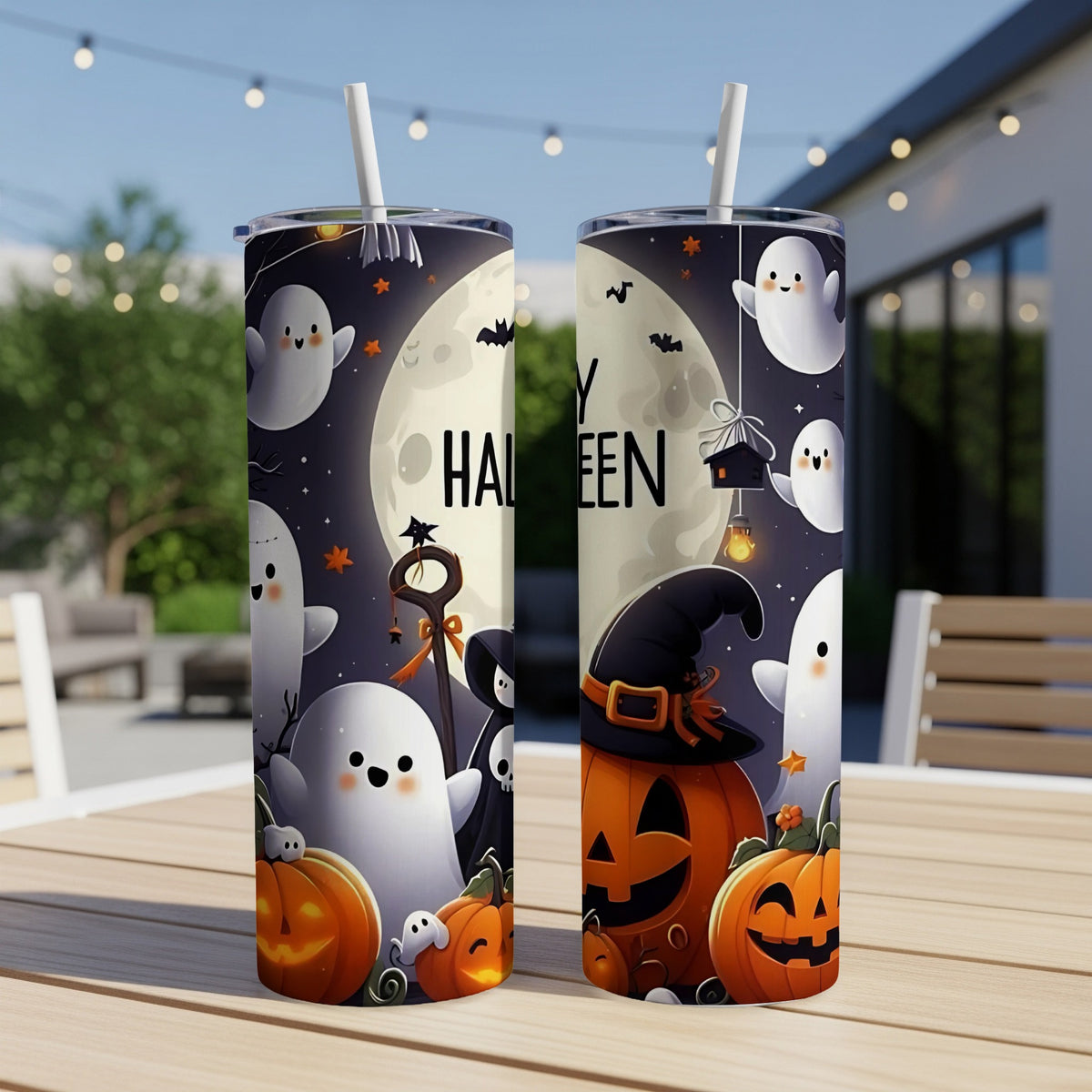 Two Halloween tumblers with ghosts, pumpkins, bats, and the text "Happy Halloween".