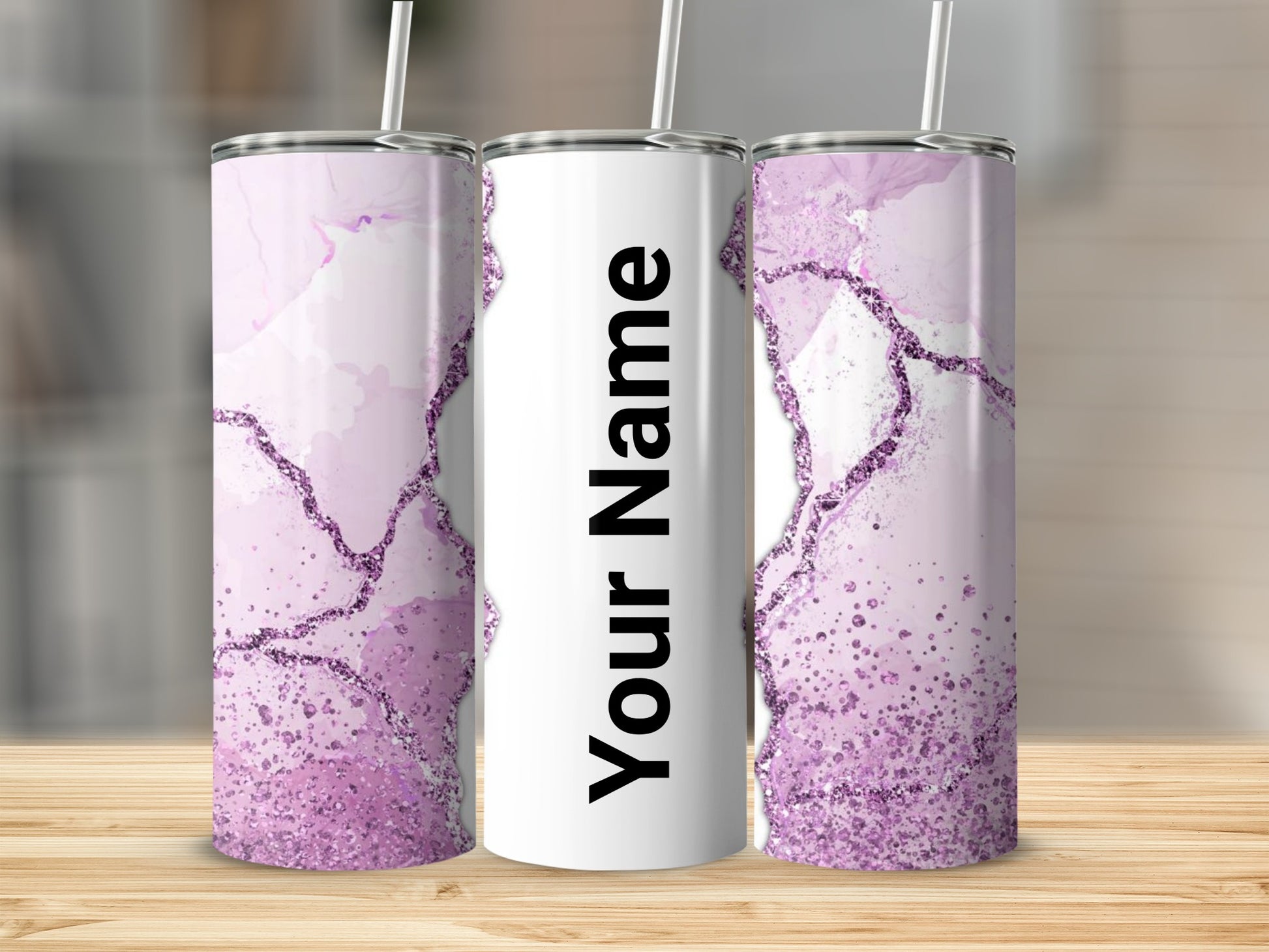Personalized Purple Marble Design Tumbler with Straw