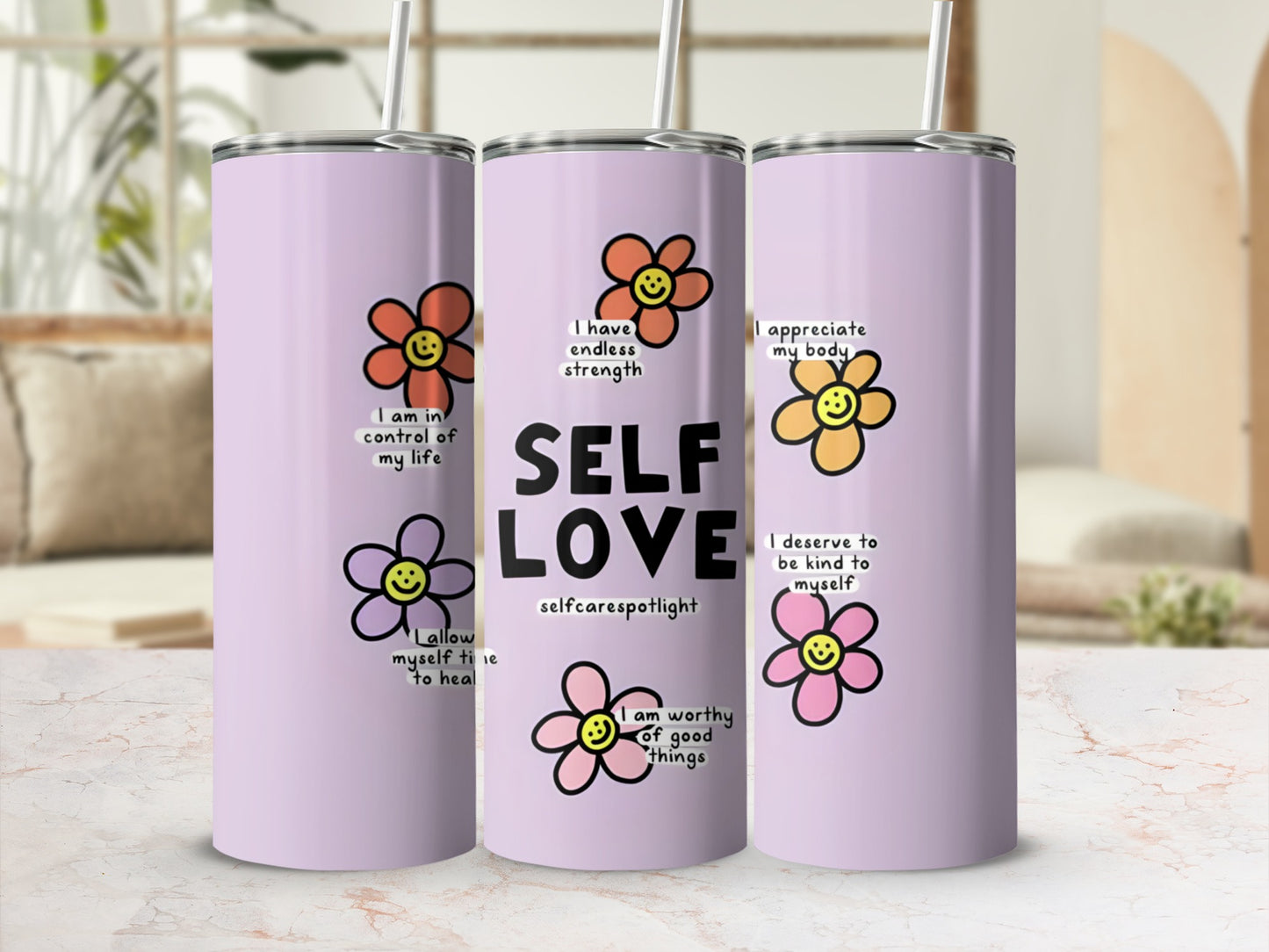 Purple tumbler with flowers and "Self Love" text.