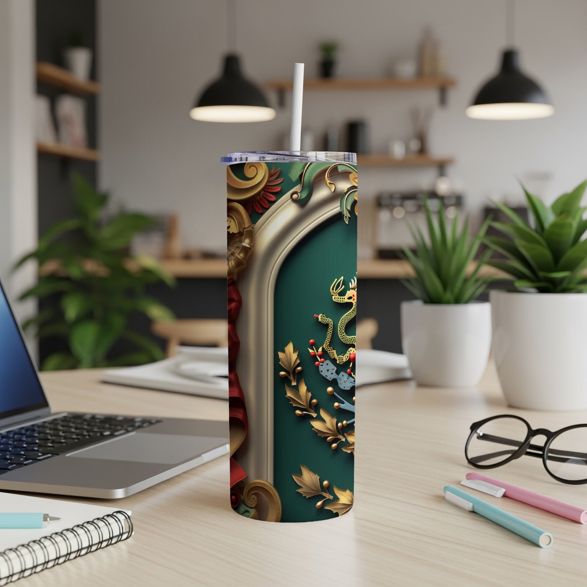 Green tumbler with ornate gold border and Mexican eagle emblem.