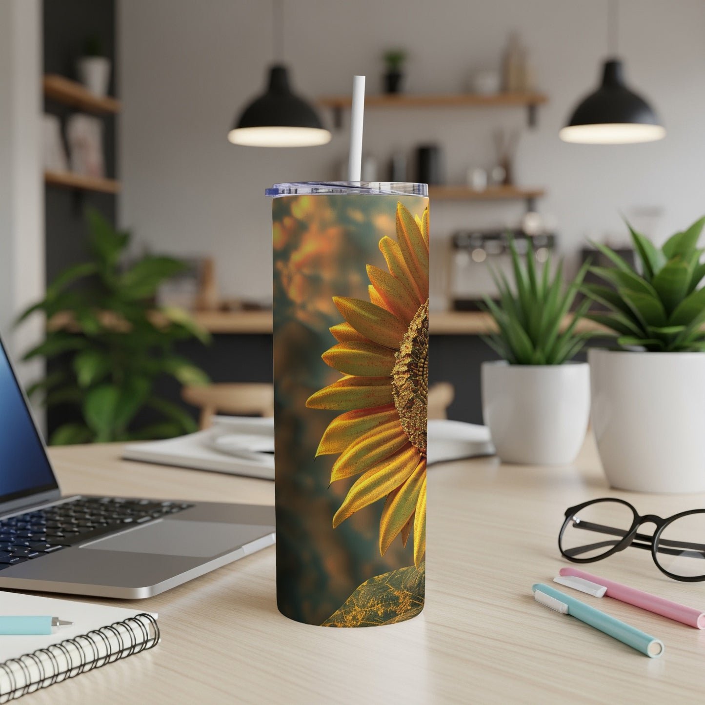 Sunflower tumbler with a white straw on a desk.