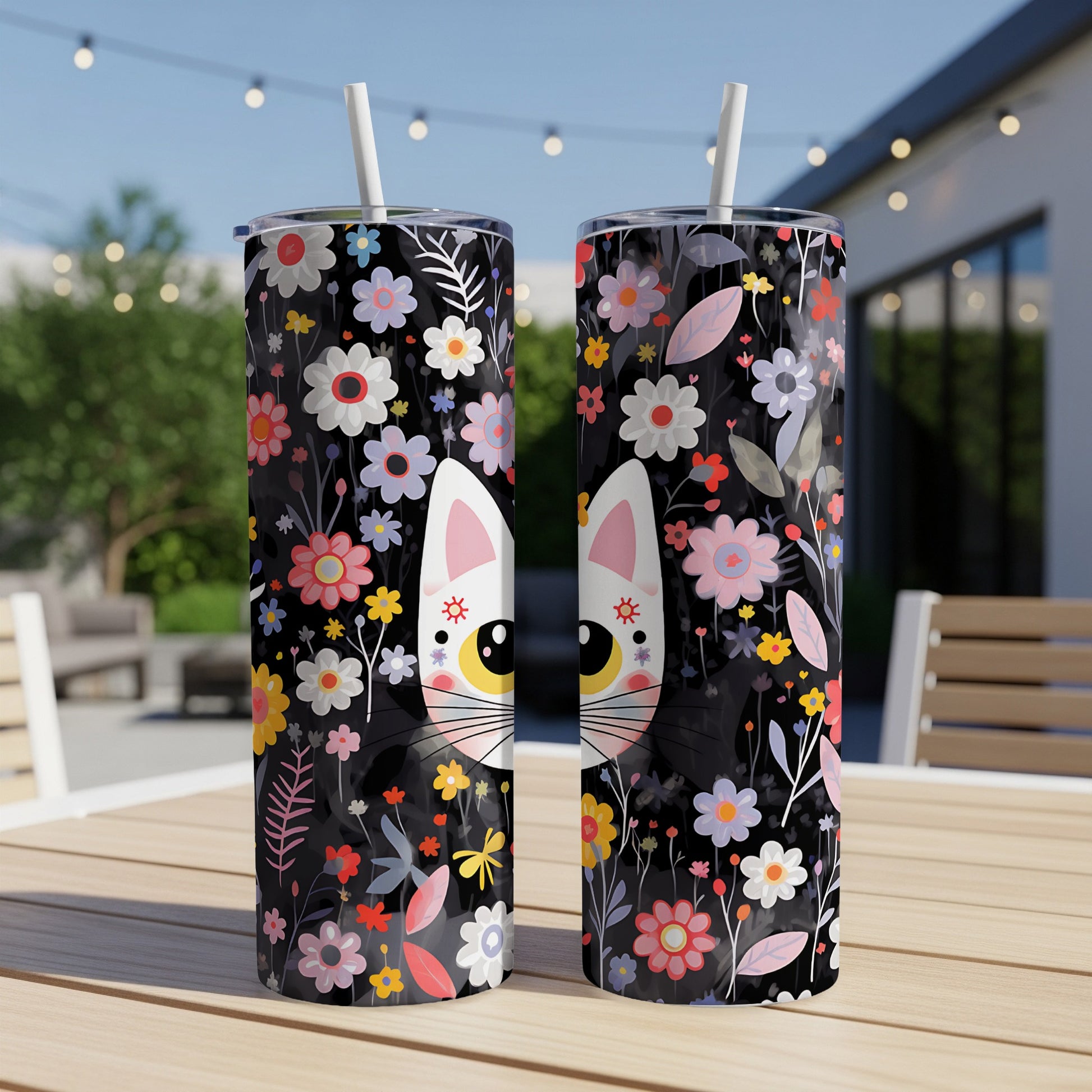Black tumbler with floral pattern and a cartoon cat face.