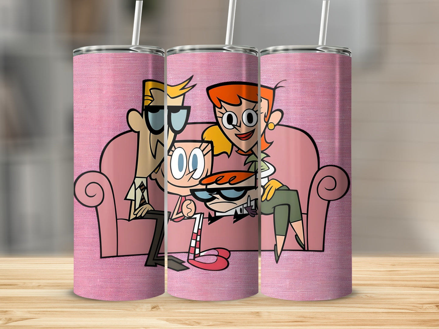 Cartoon Family on Pink Couch Design Tumbler Flask