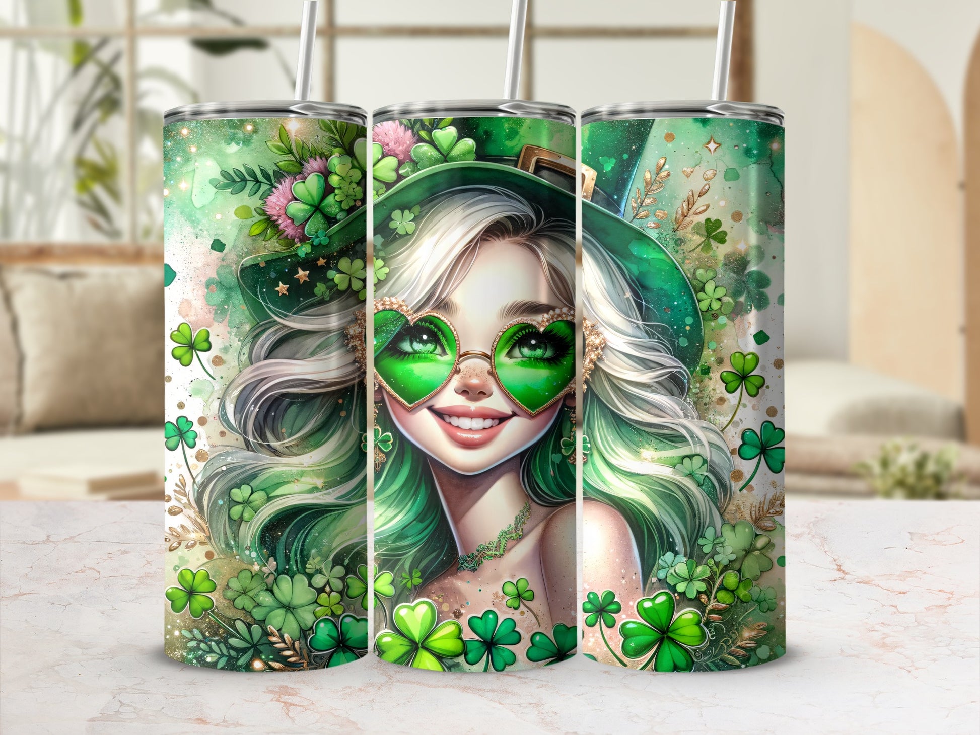 Green tumbler with shamrocks and a woman wearing heart-shaped glasses.