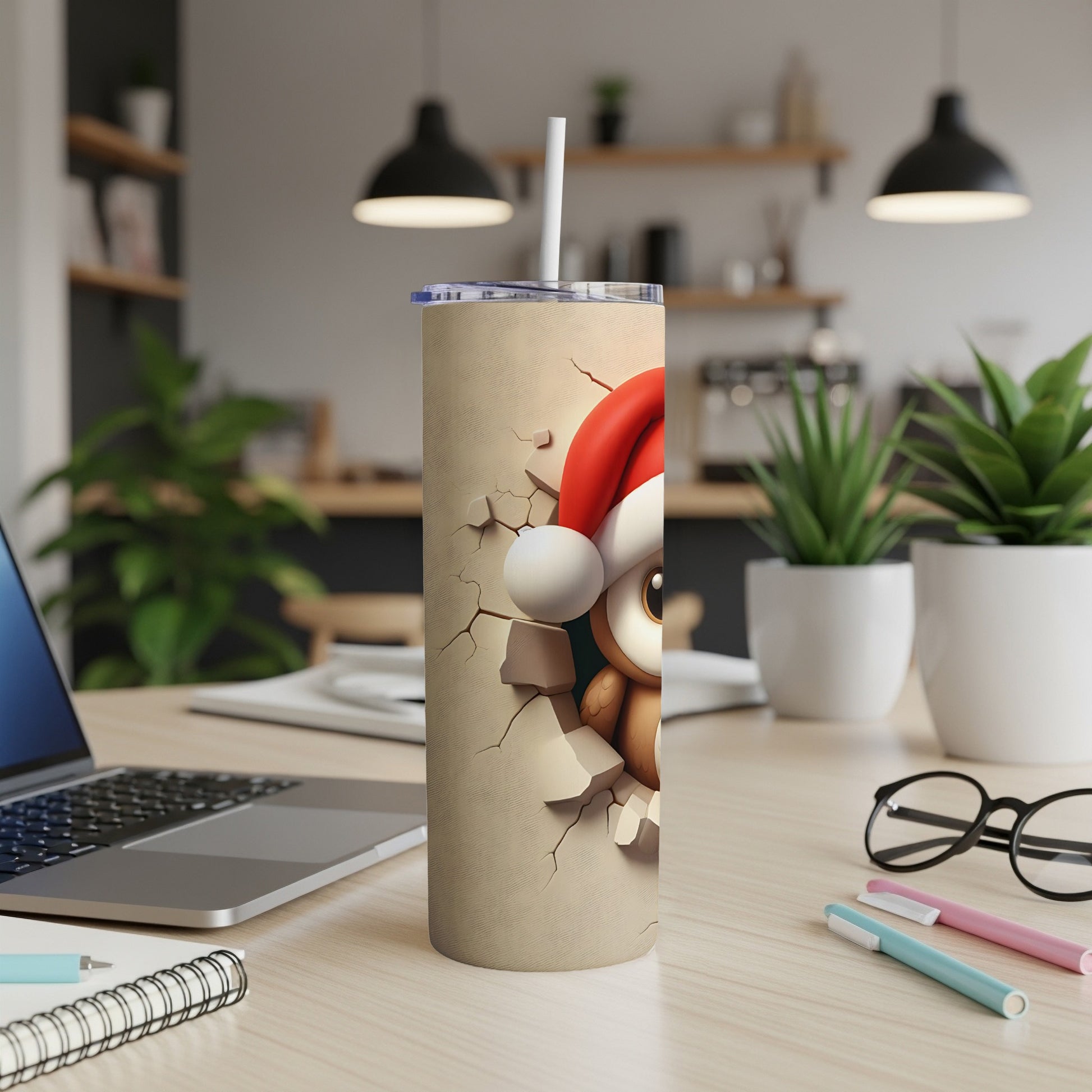 Cartoon bear in Santa hat peeking through crack on skinny tumbler.