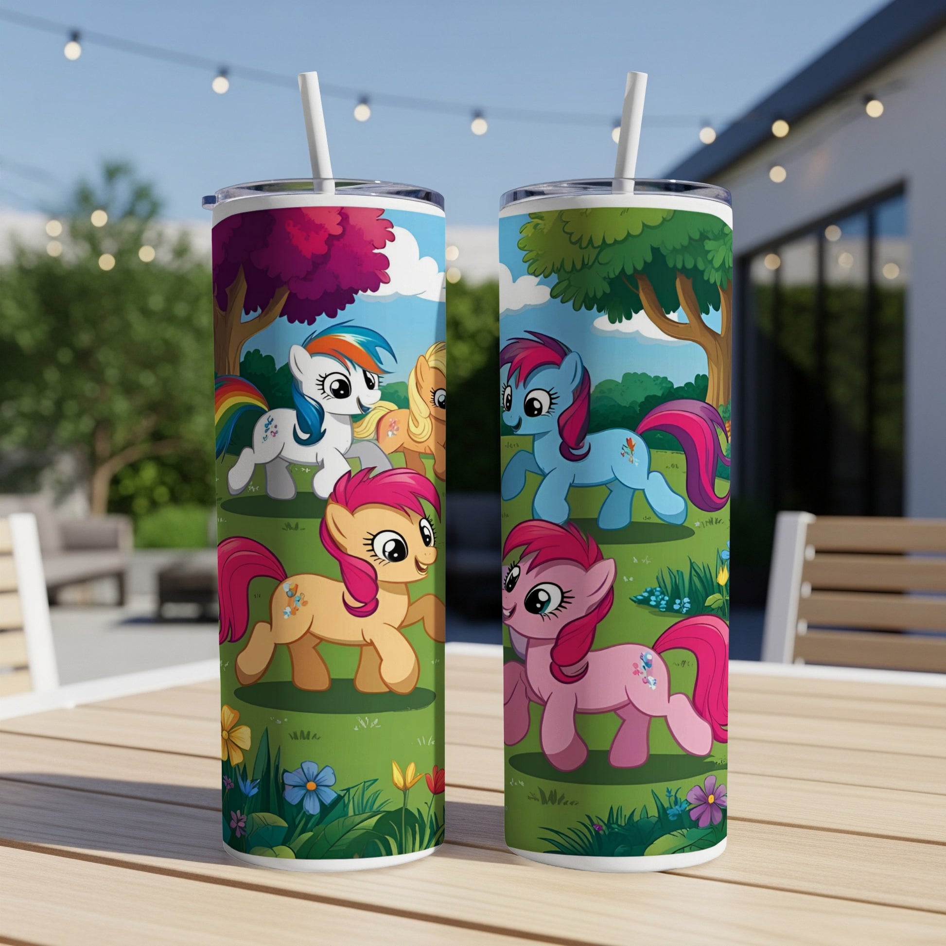 Two My Little Pony tumblers with colorful characters on a wooden table outdoors.