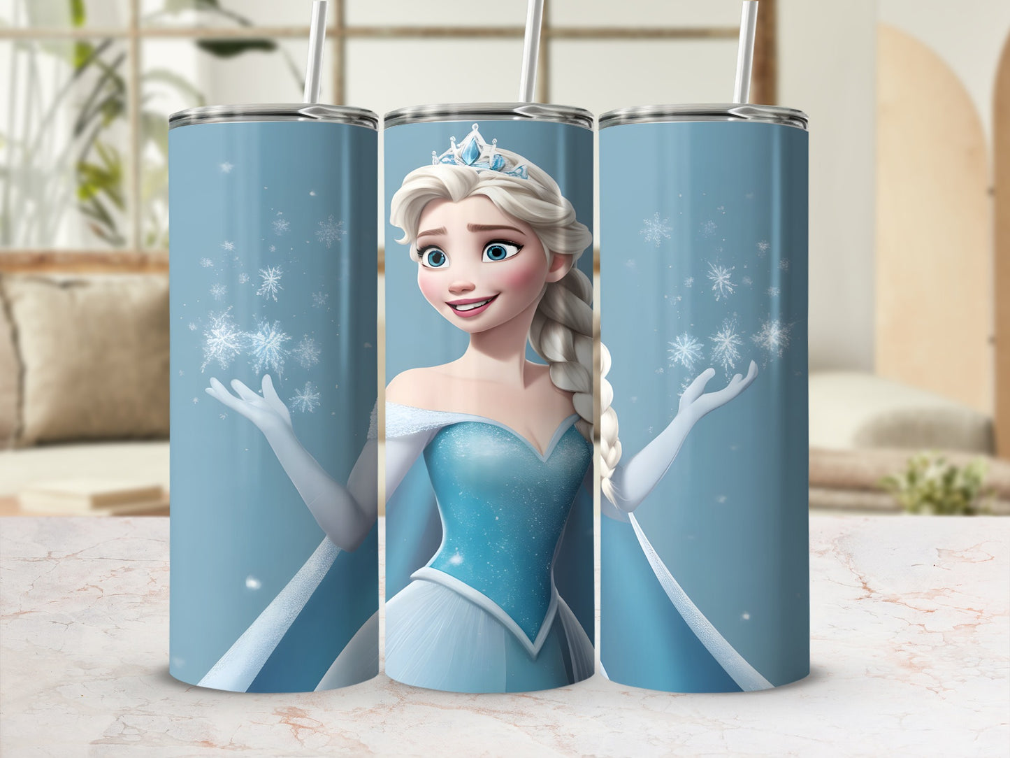 Elsa from Frozen on a blue tumbler with snowflakes.
