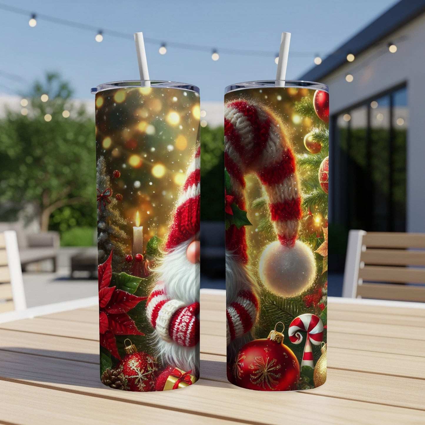 Christmas gnome tumbler with red and white stripes and festive decorations.
