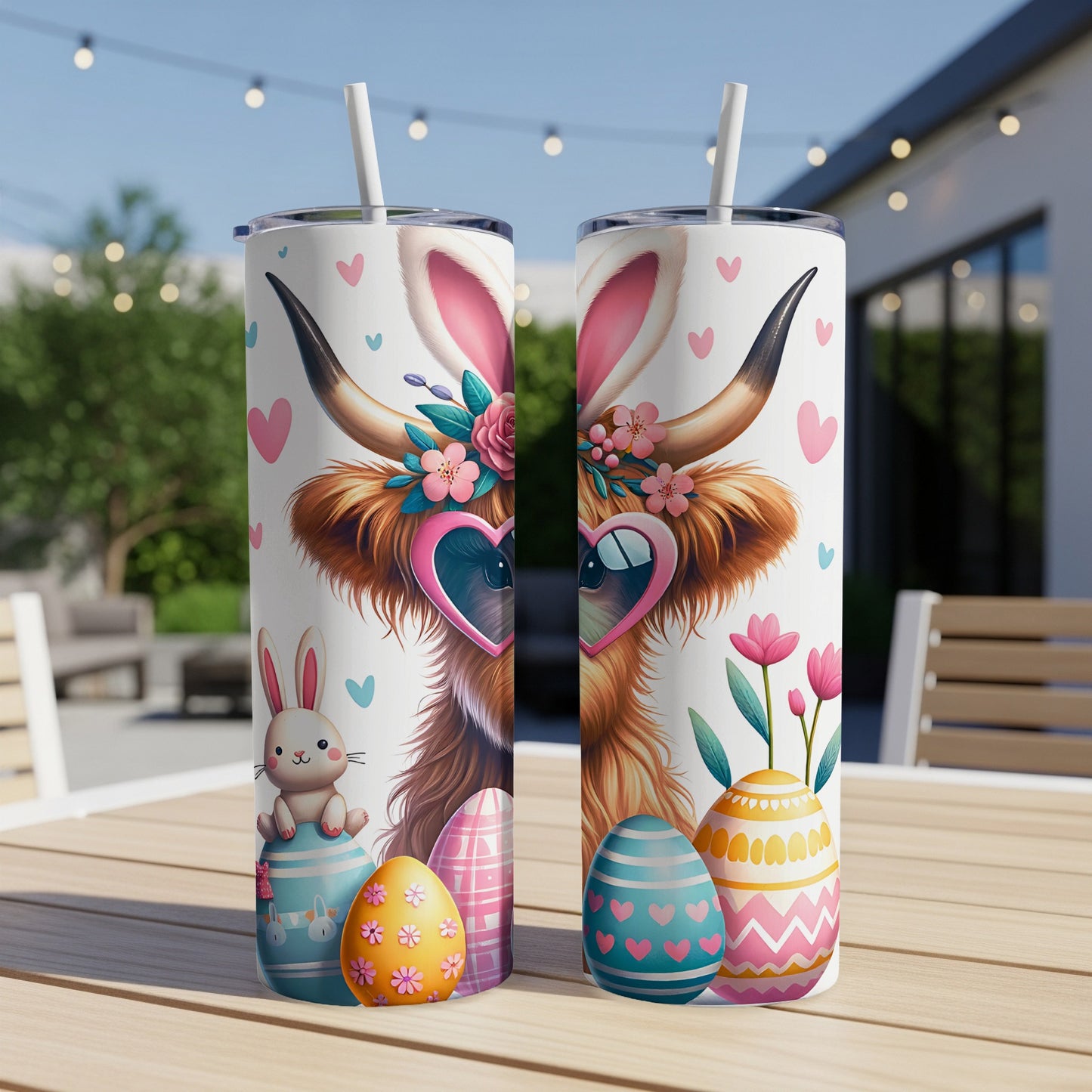 Highland cow with bunny ears and heart sunglasses, surrounded by Easter eggs.