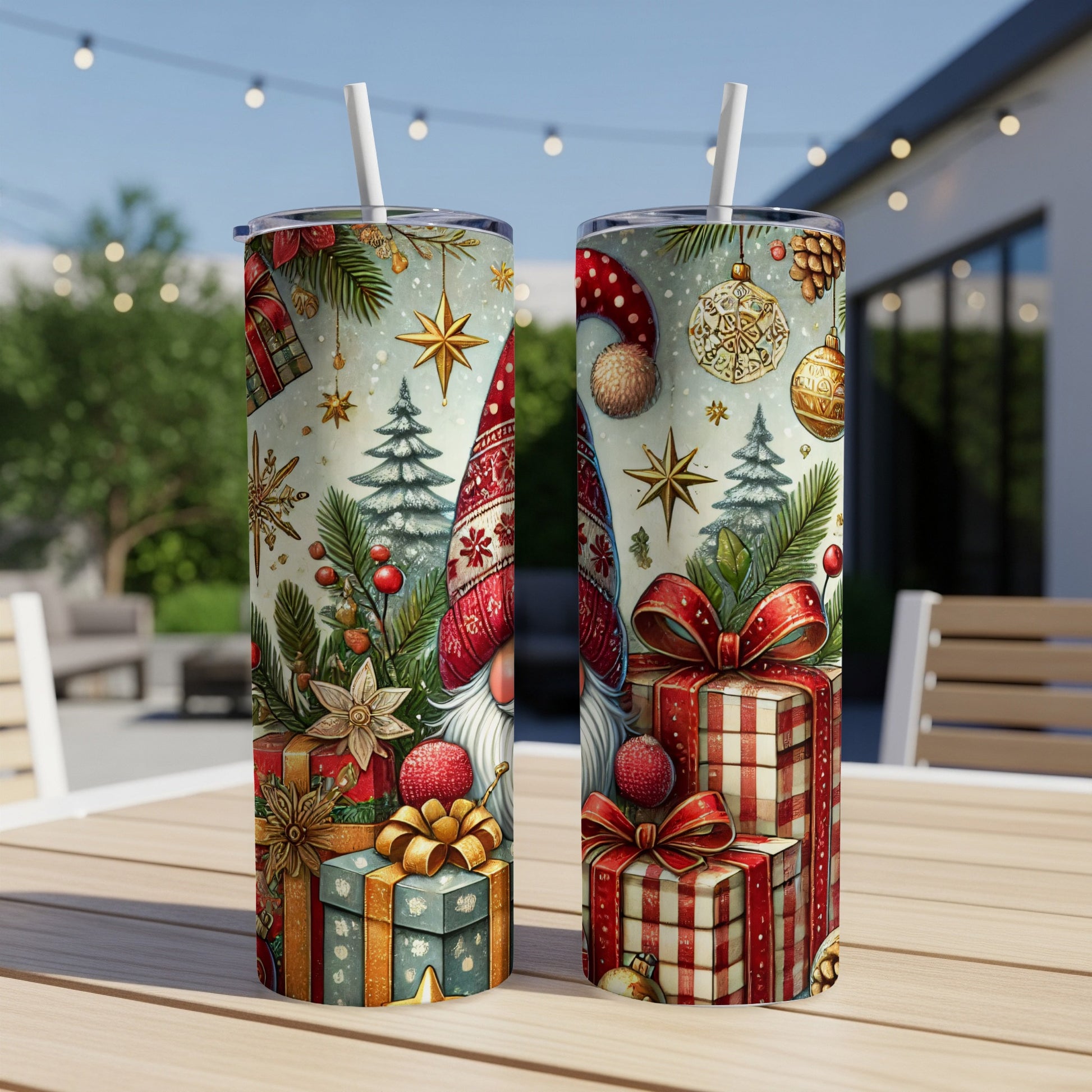 Two Christmas gnomes with gifts, ornaments, and snowflakes on tumblers.