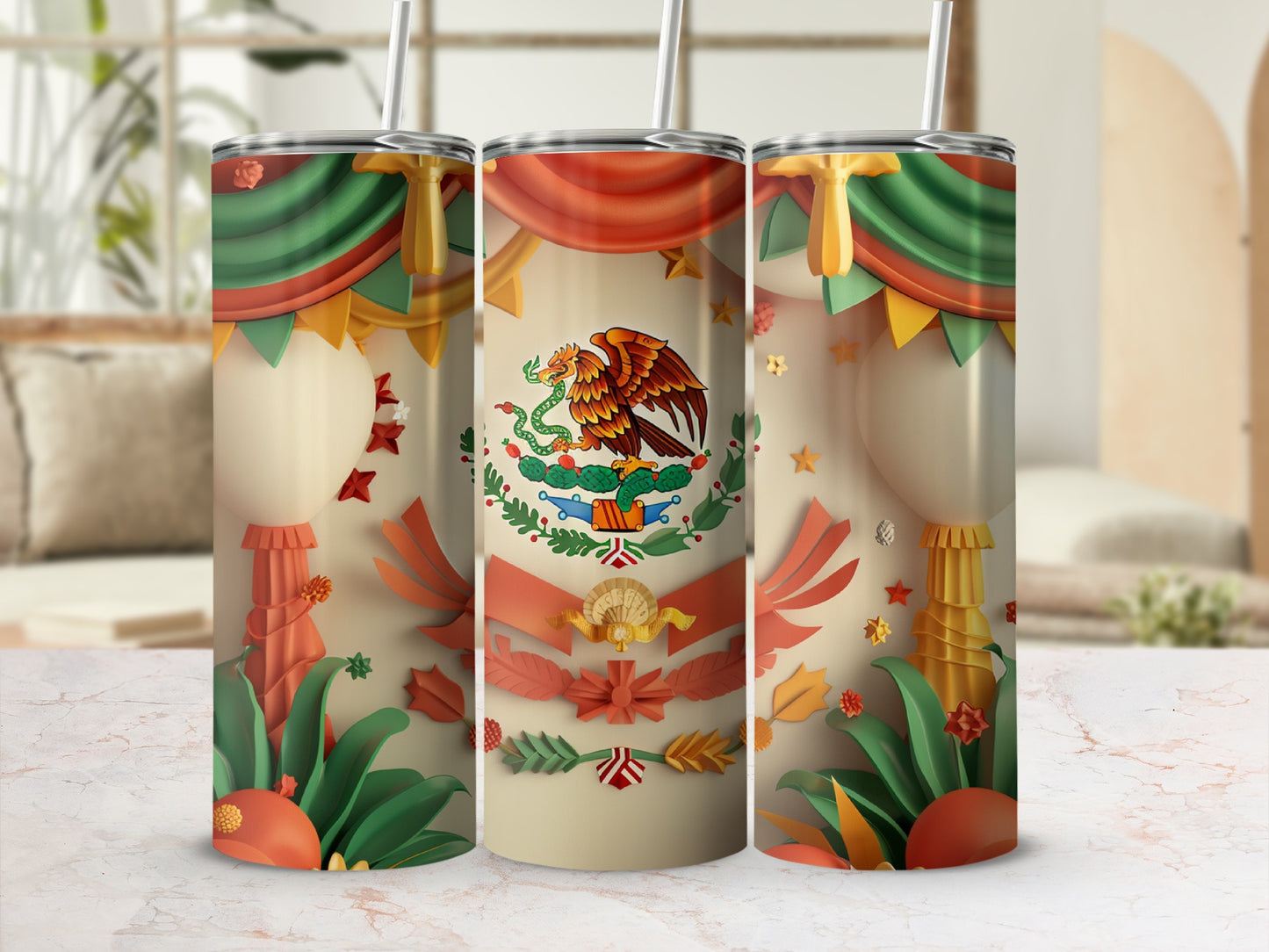 Mexican flag design on three tumblers with festive decorations.