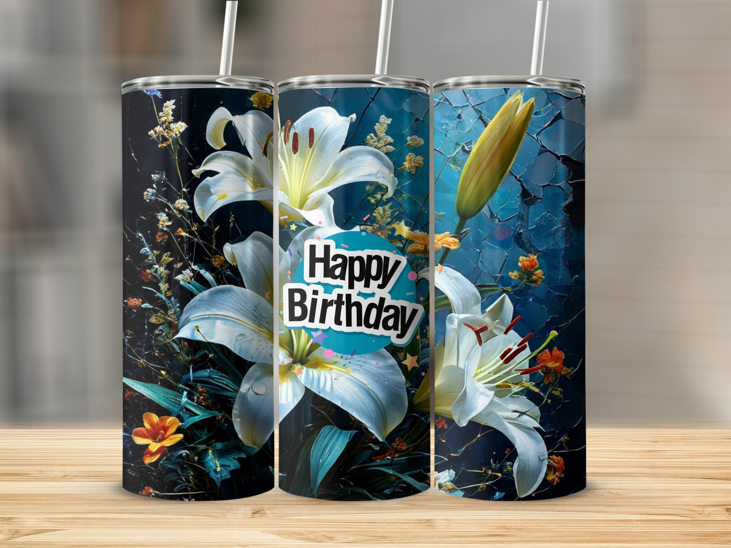 Three tumblers with white lilies and a "Happy Birthday" message on a dark background.