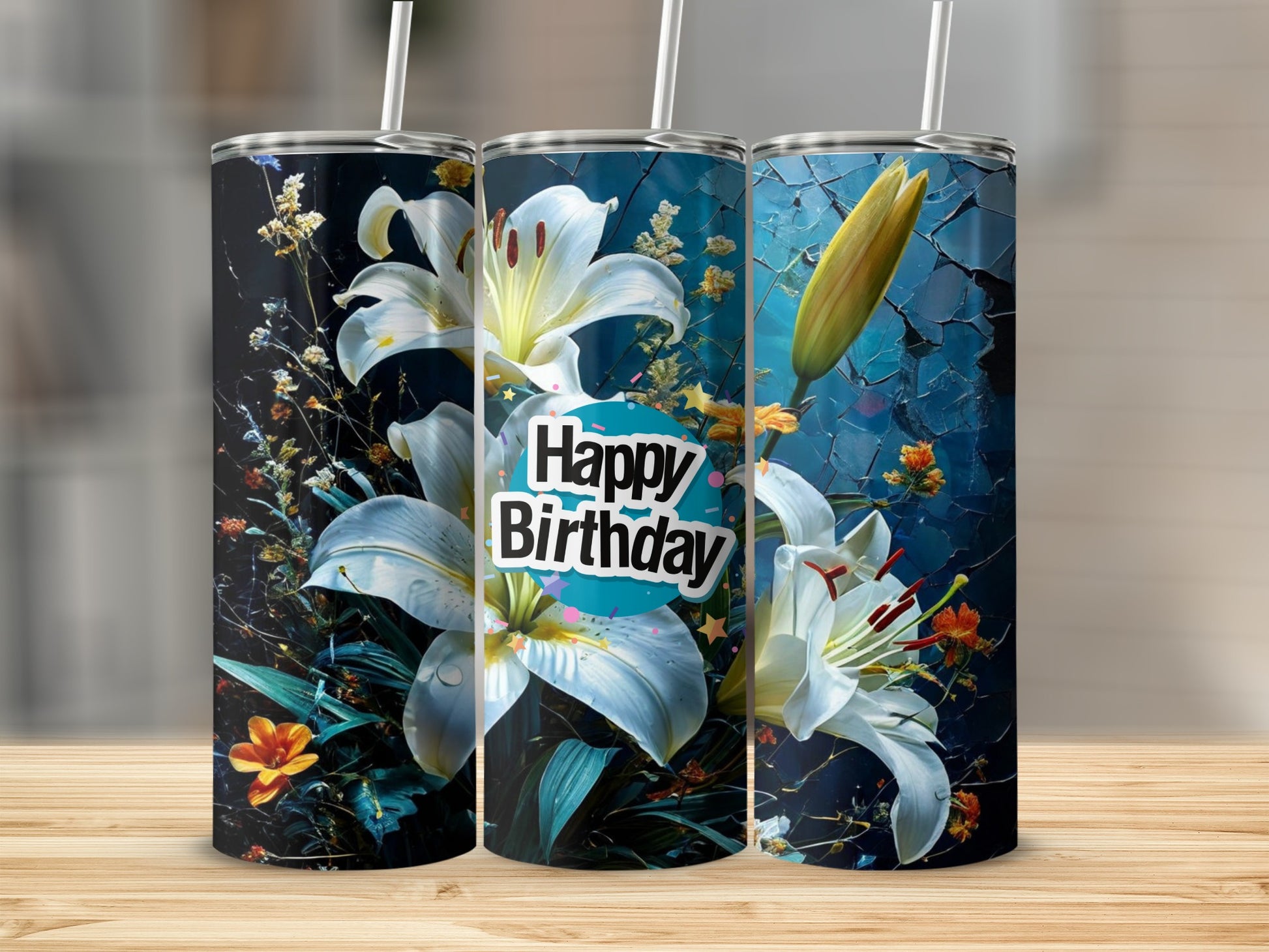 Three tumblers with white lilies and a "Happy Birthday" message on a dark background.