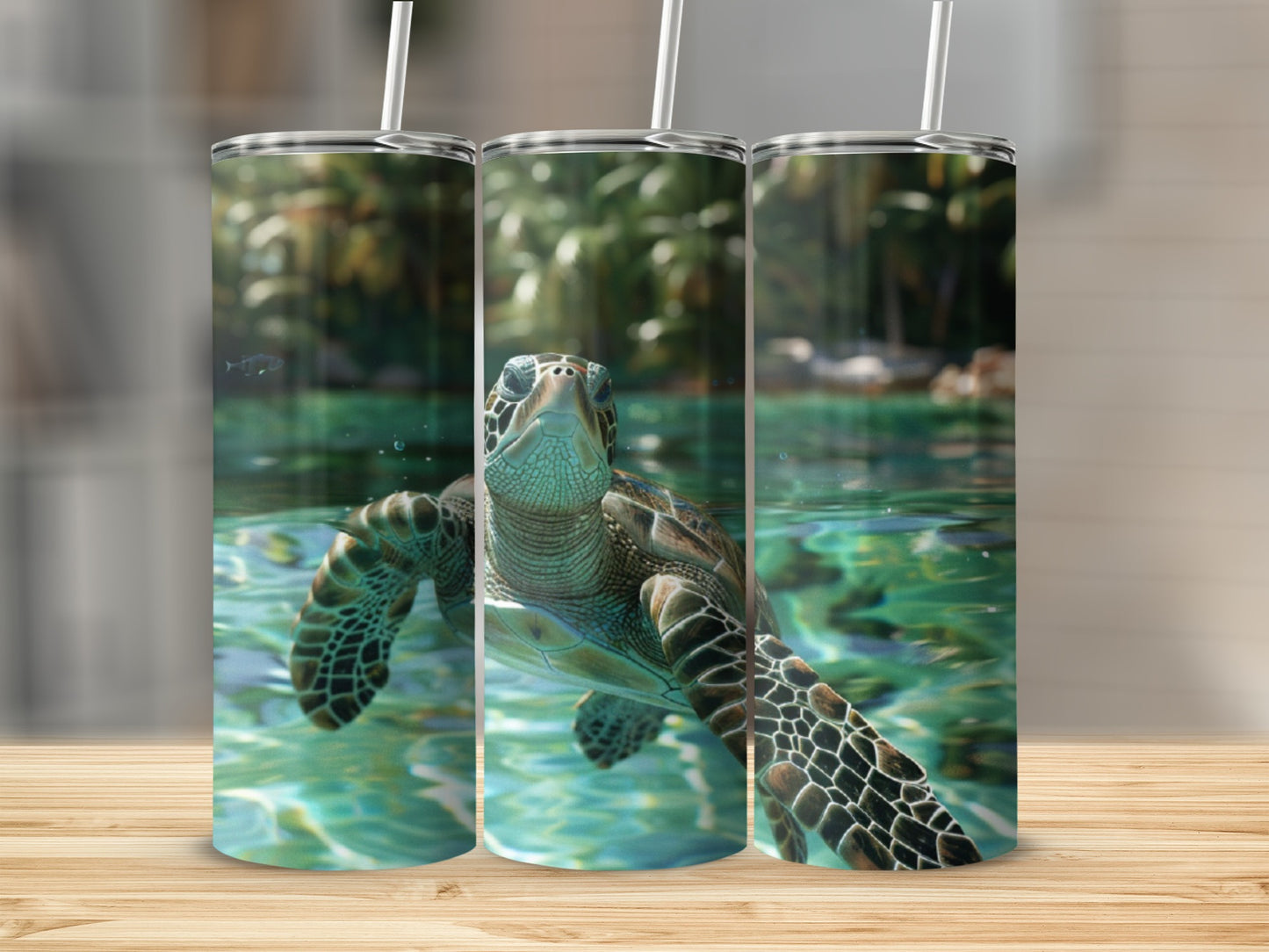 Sea turtle swimming in clear turquoise water, framed by tropical foliage.