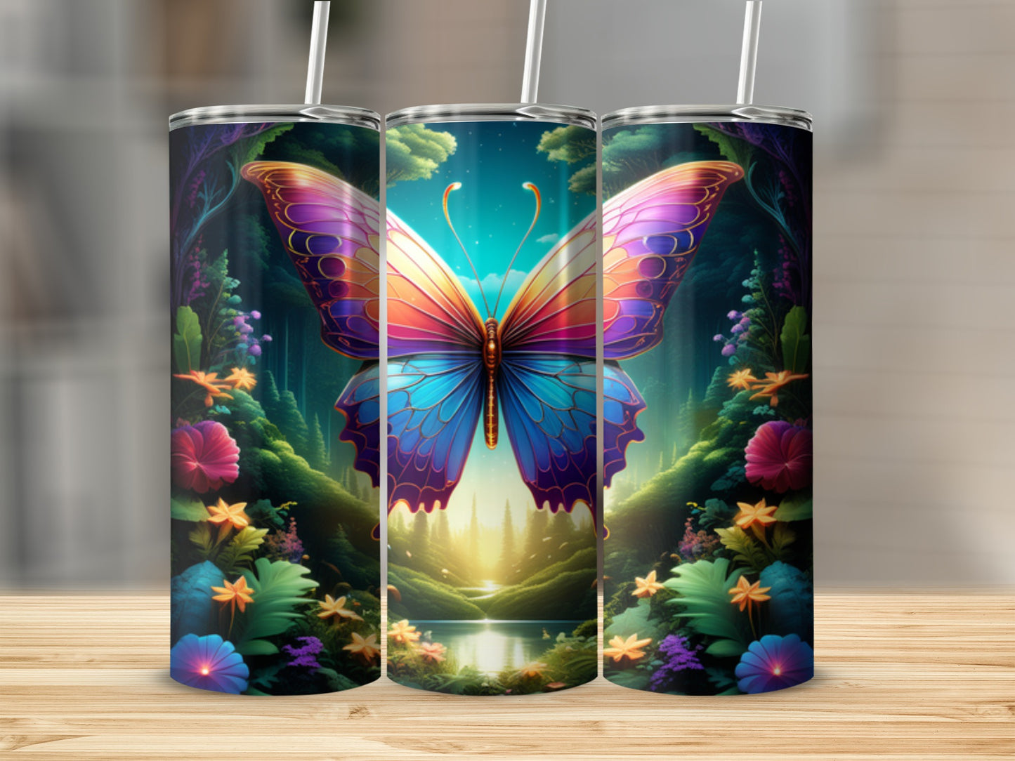 Triptych of a vibrant butterfly against a magical forest landscape.