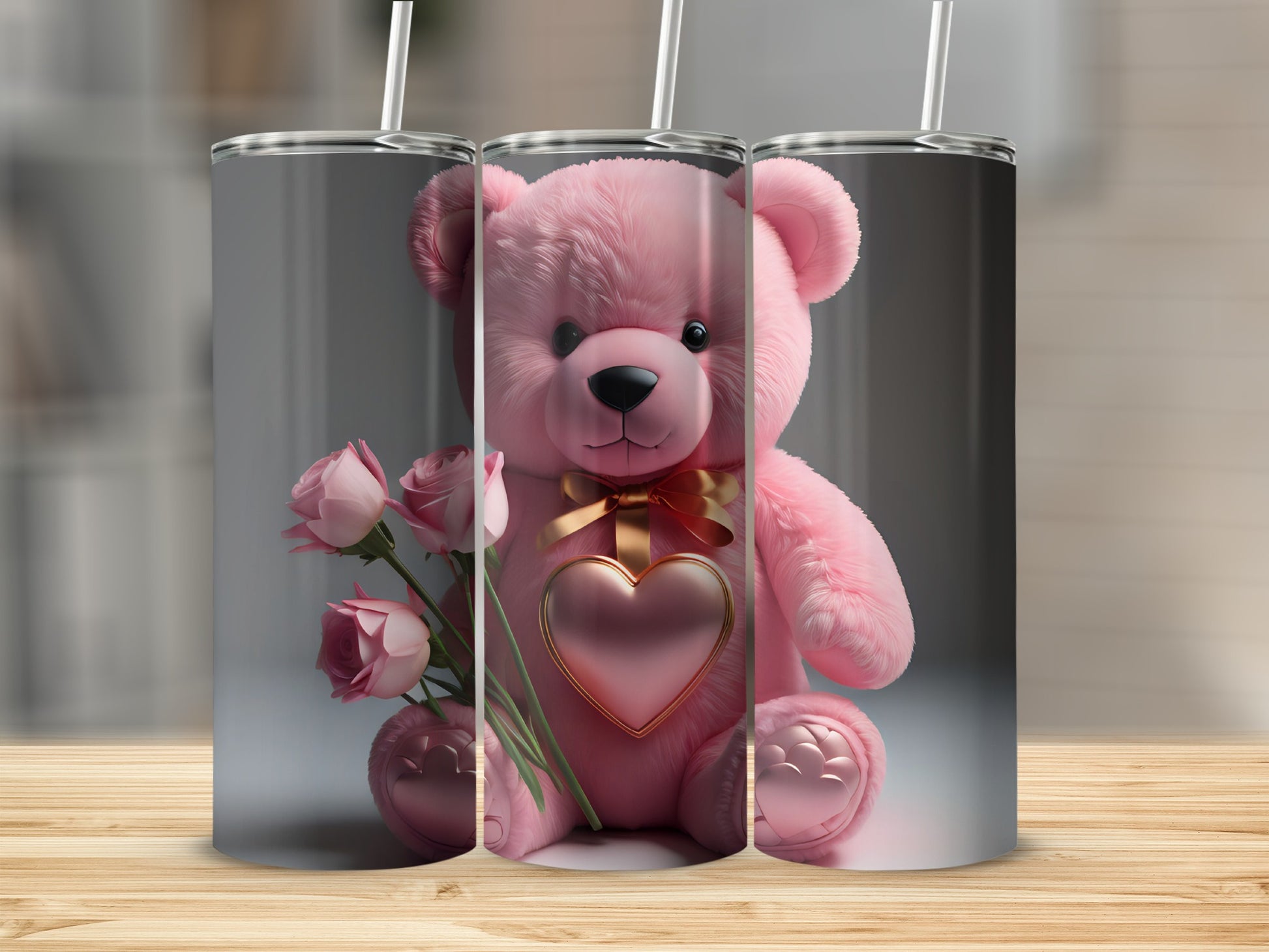 Cute Pink Teddy Bear with Roses Insulated Tumbler
