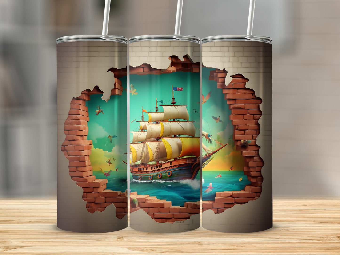 Vintage Sailing Ship Breaking Through Wall Tumbler