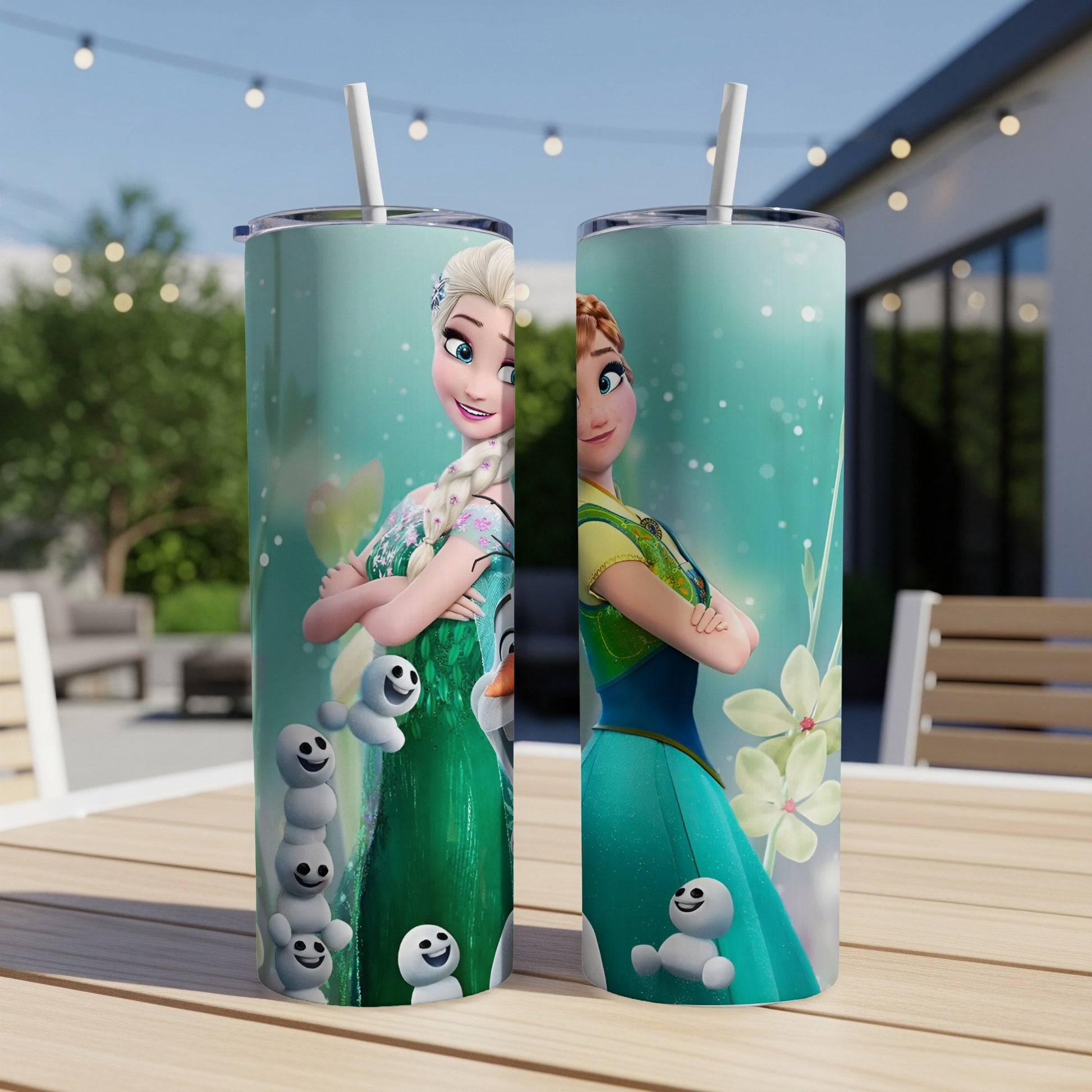 Elsa and Anna from Frozen on tumblers with Olaf and snowflakes.