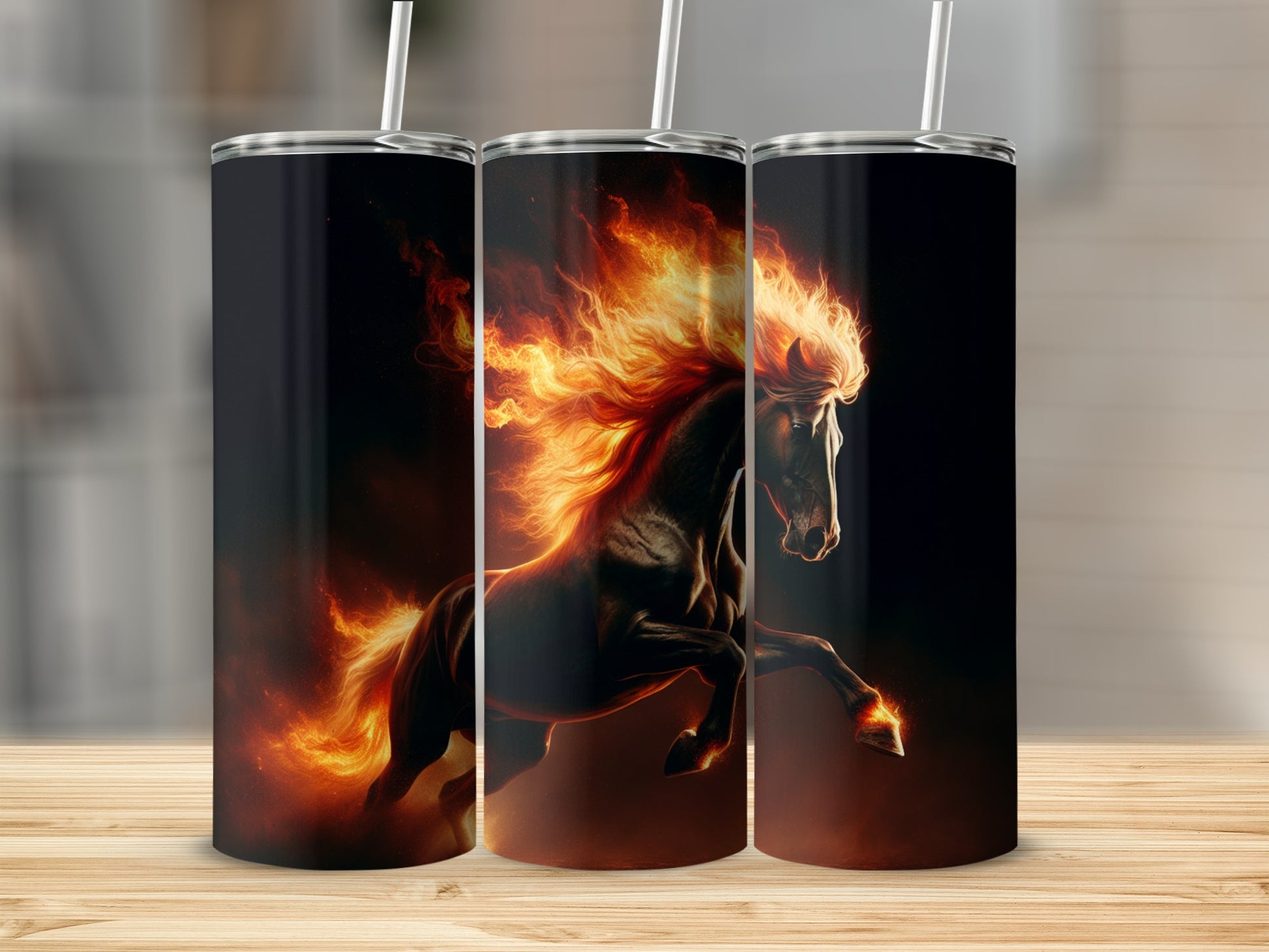 Black horse with fiery mane and tail, running.
