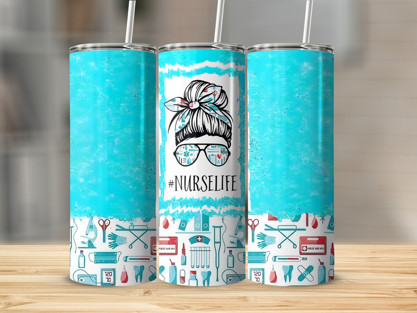 Blue tie-dye tumbler with #NurseLife design and medical icons.