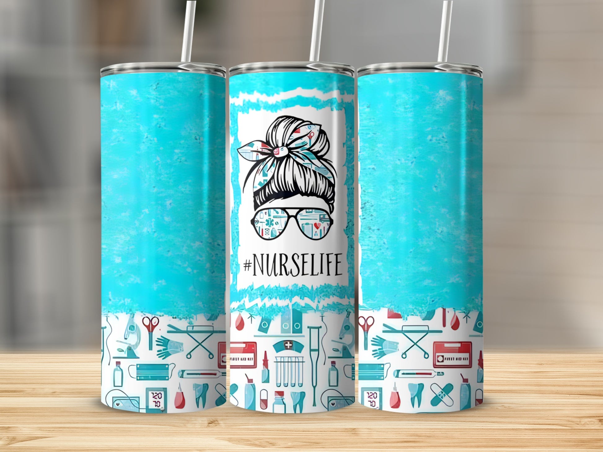 Blue tie-dye tumbler with #NurseLife design and medical icons.