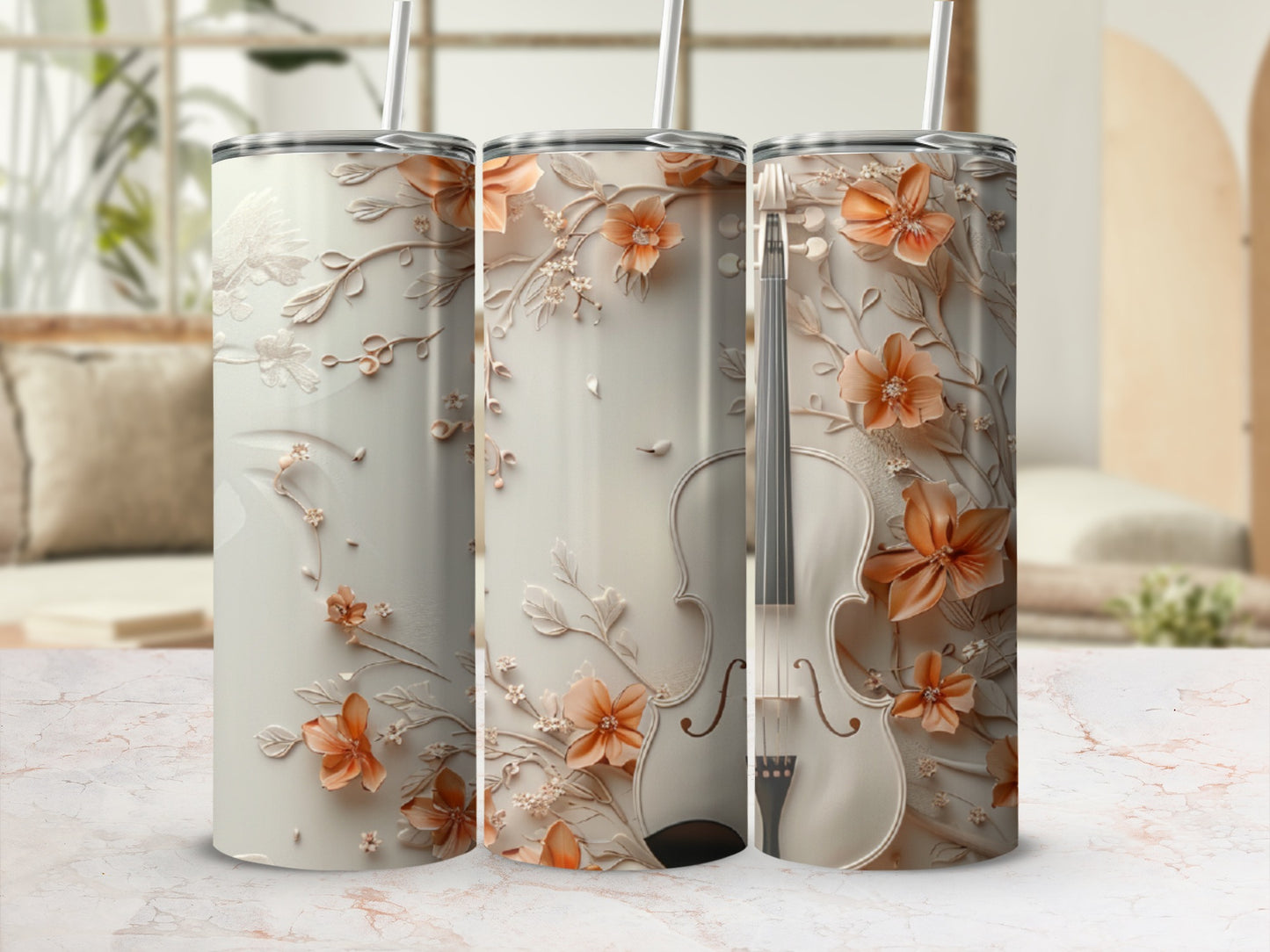 Triptych of tumblers featuring a white violin and floral embellishments.