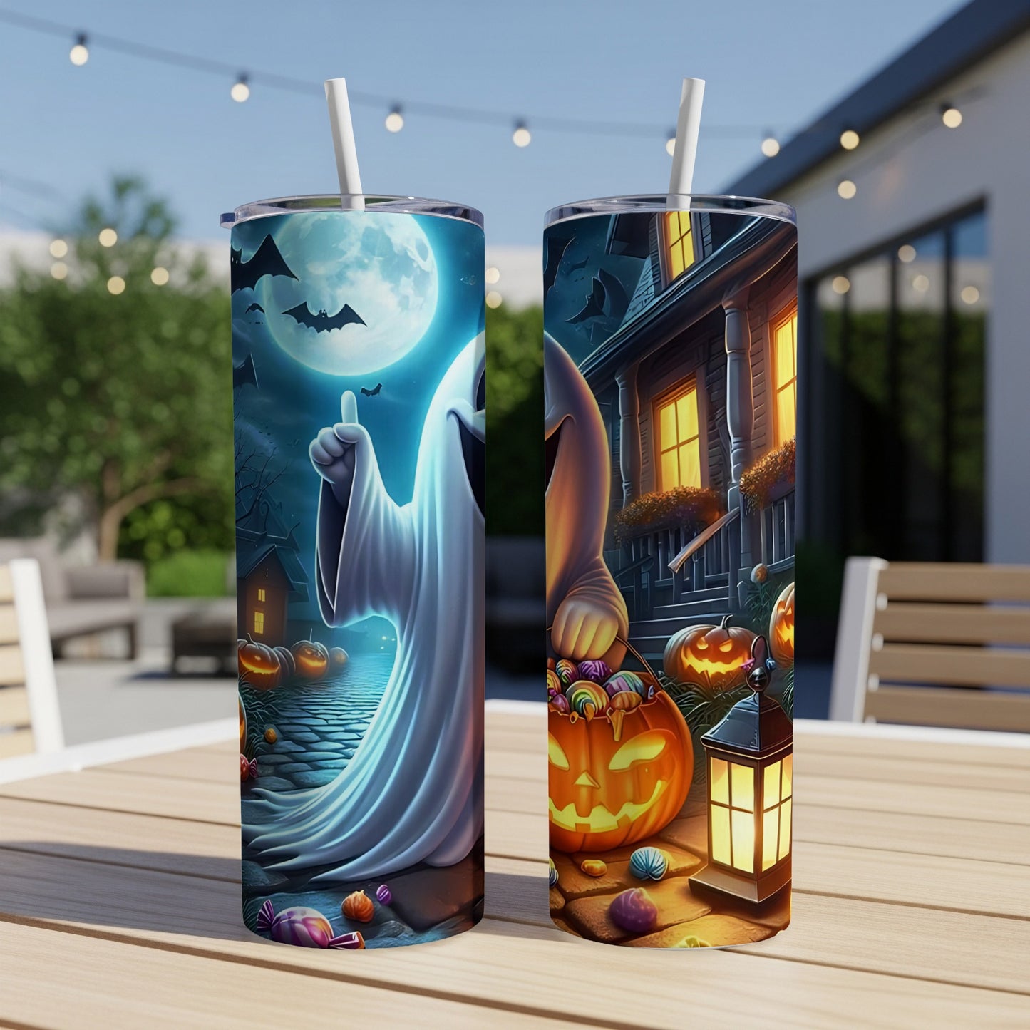 Two Halloween-themed tumblers with ghosts, pumpkins, bats, and candy designs.