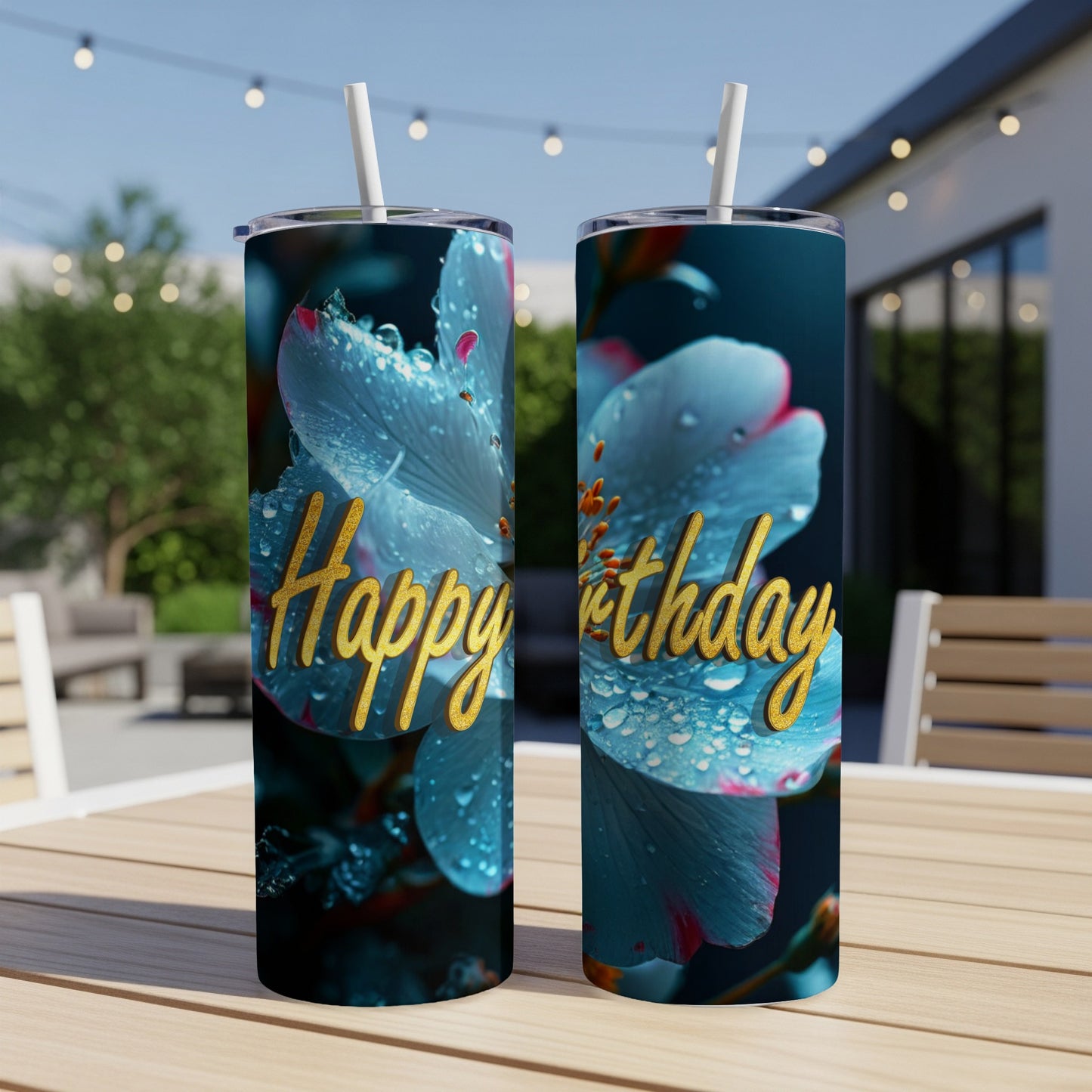 Two tumblers with blue flowers and "Happy birthday" text.