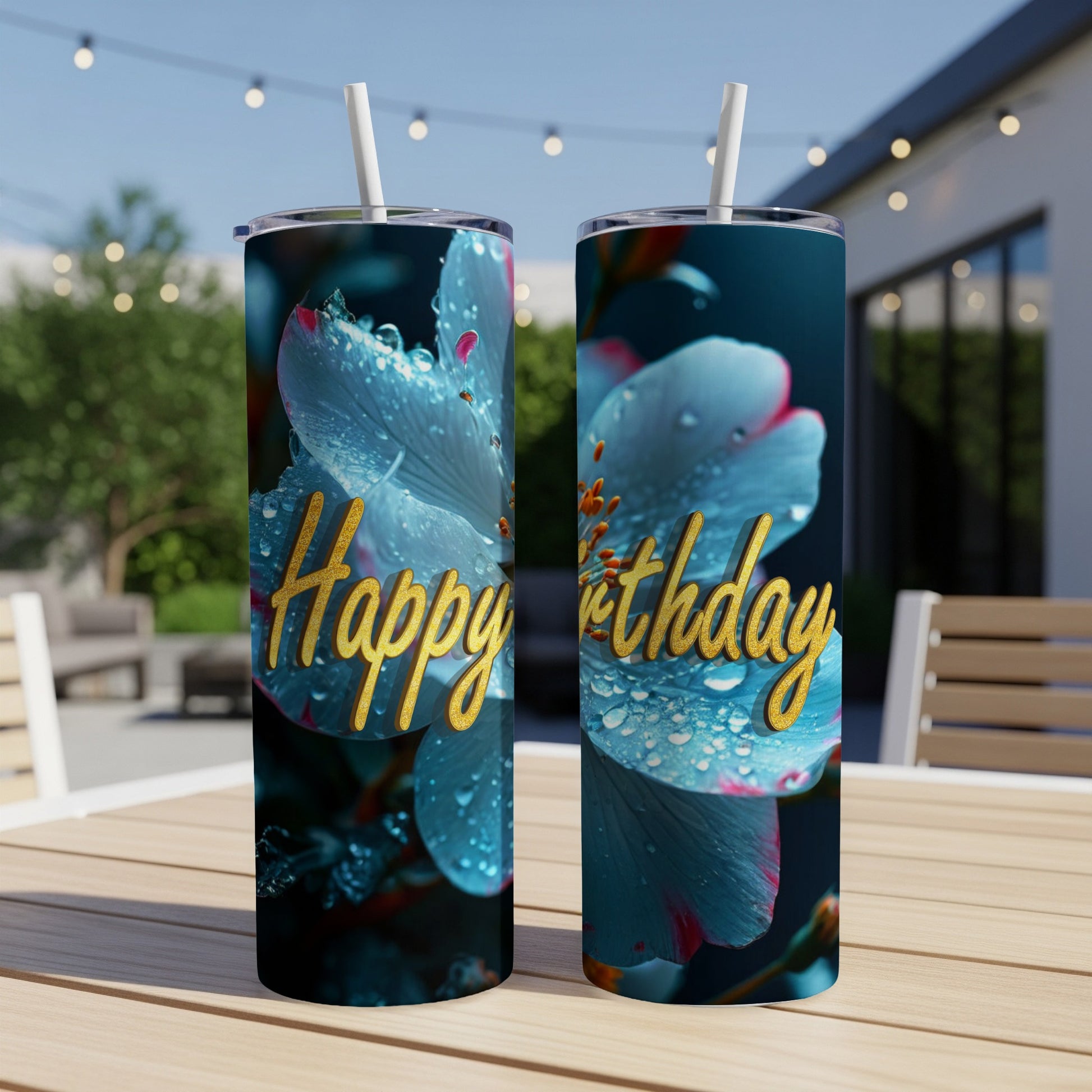 Two tumblers with blue flowers and "Happy birthday" text.