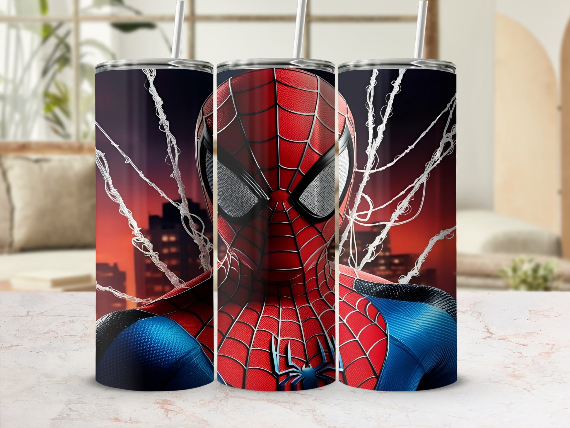 Spiderman tumbler with city background and webs.
