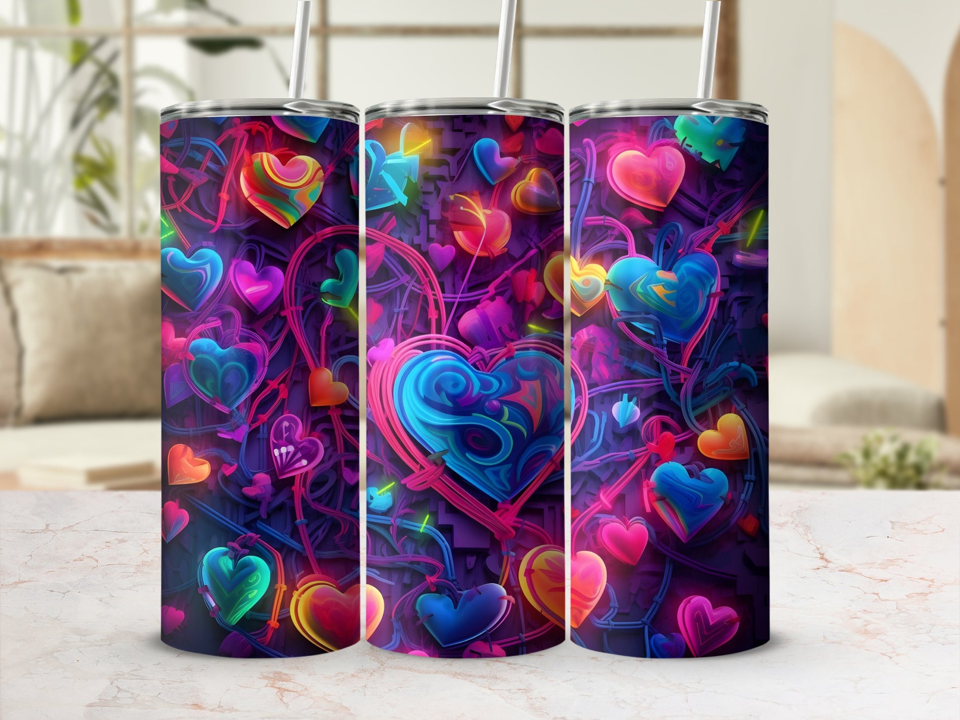 Colorful neon hearts pattern on three tumblers with straws.