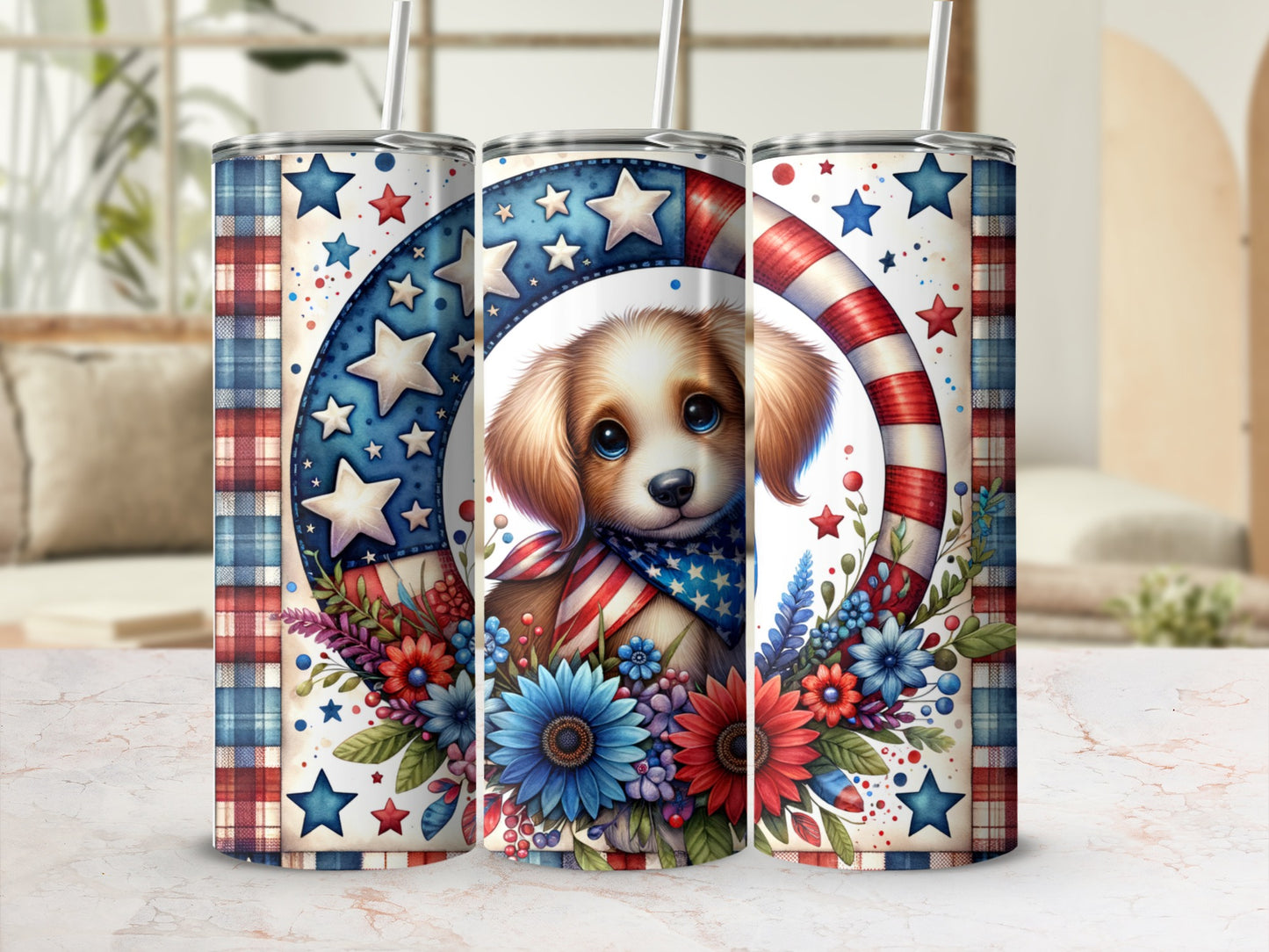Dog wearing bandana in patriotic stars and flowers design tumbler.