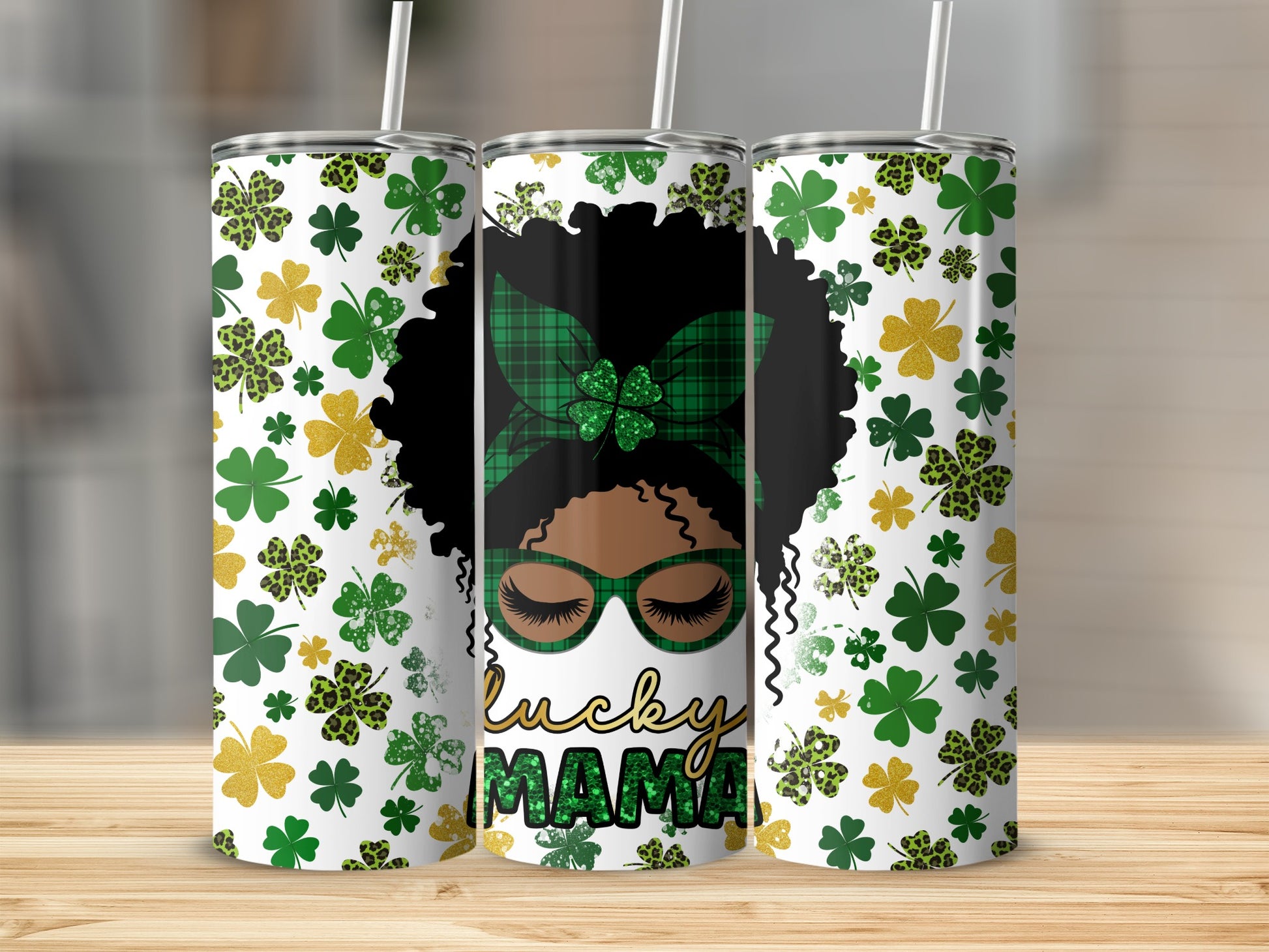 St. Patrick's Day "Lucky Mama" tumbler with shamrocks and glitter accents.