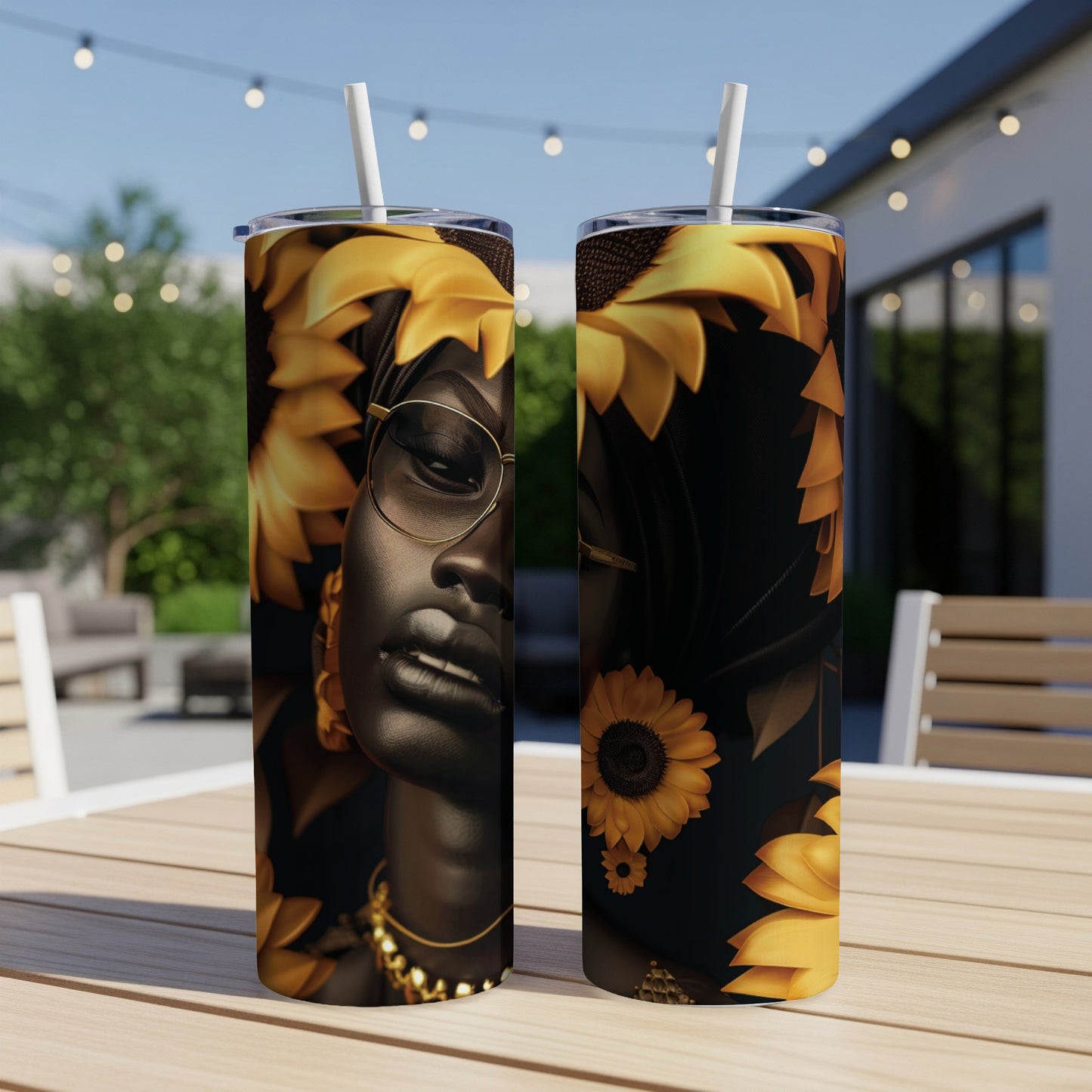 Tumbler with woman's face and sunflowers.