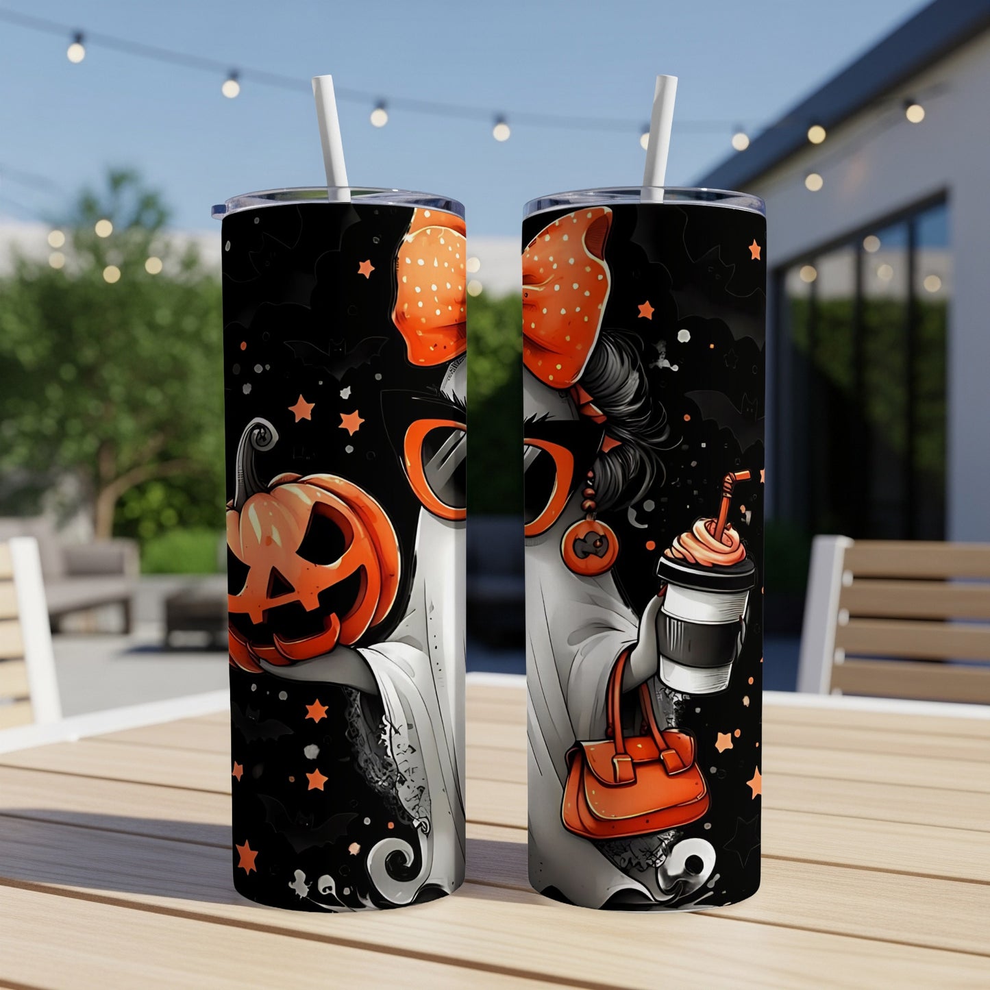 Two tumblers with Halloween ghost design featuring a pumpkin and a coffee drink.