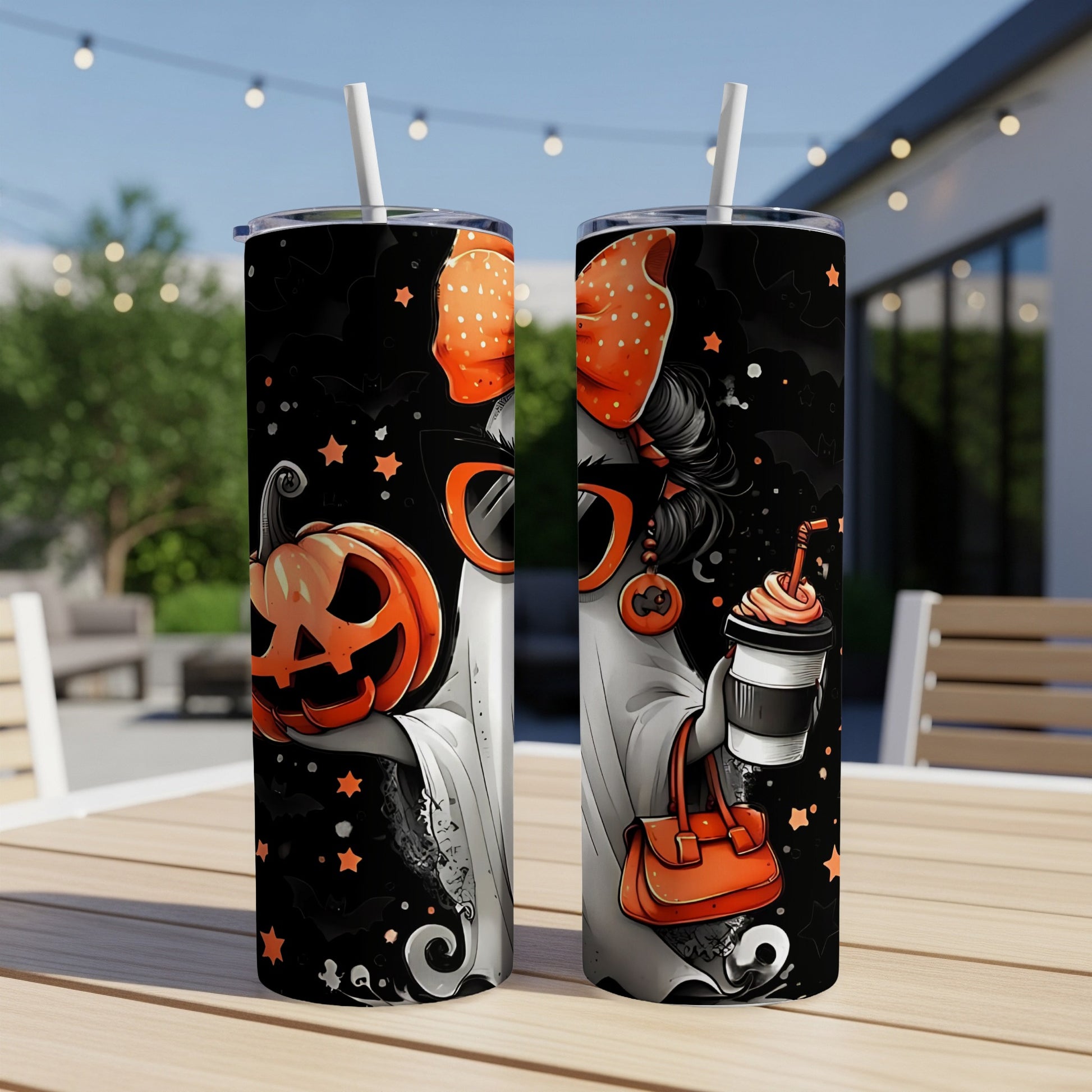Two tumblers with Halloween ghost design featuring a pumpkin and a coffee drink.